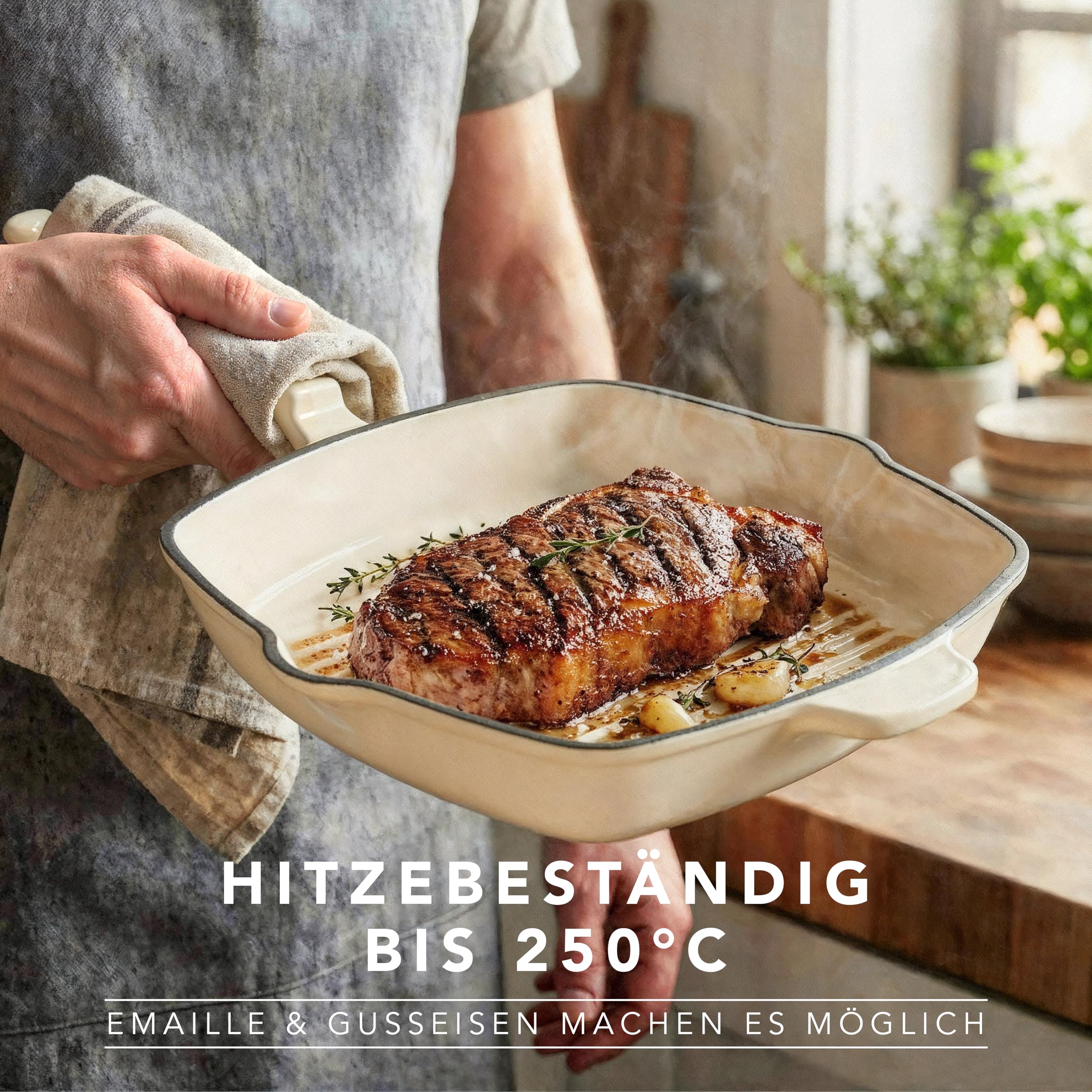 Römertopf - Bistecchiera rettangolare in ghisa, 24 cm, con rivestimento smaltato, per tutti i piani cottura, compresi quelli a induzione, adatta al forno a 250 °C, per grigliare senza grassi, senza