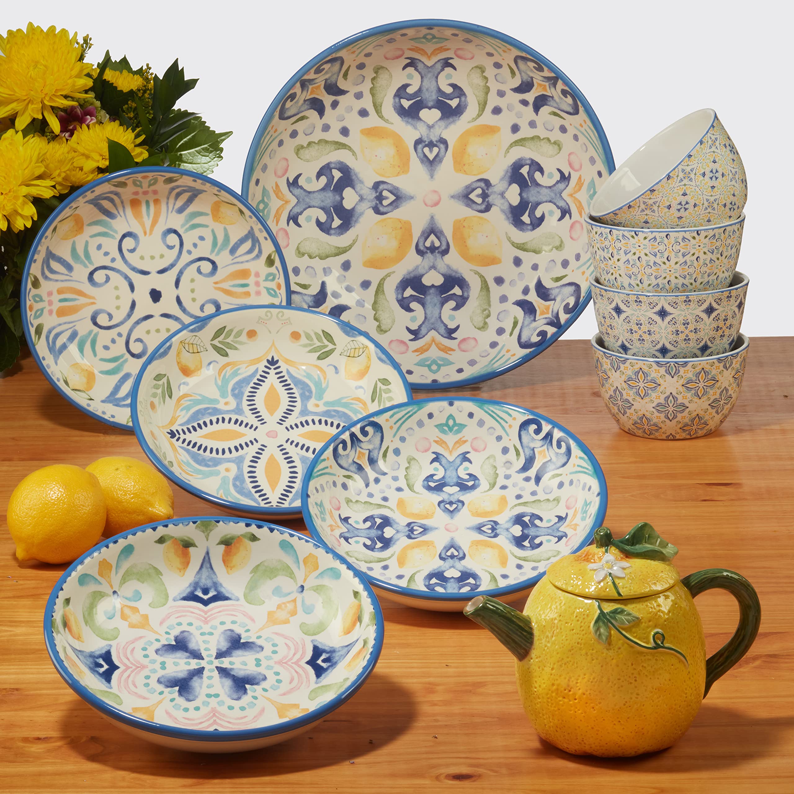 Set De 4 Bols à Pâtes En Grès MALACASA TARA - 1380ml, 23.5cm, Motif Sésame, Multicolore, Lavables Lave-Vaisselle