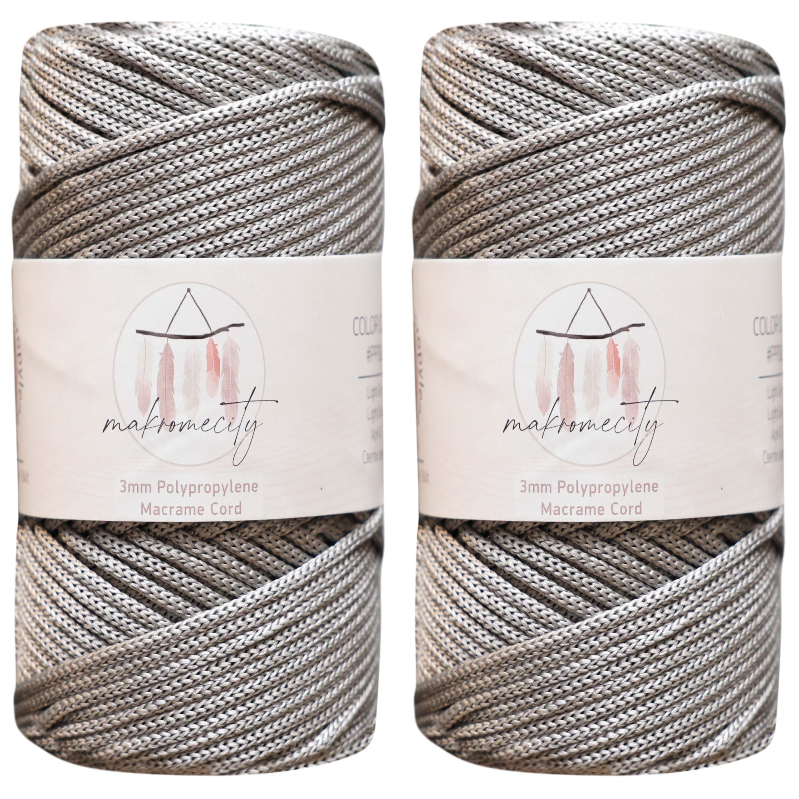 Makromecity 2 Skeins of 3mm x 131 Yards Polypropylene Light Grey Macrame Cord for Wall Hangings, Bags, Underplate, Rug