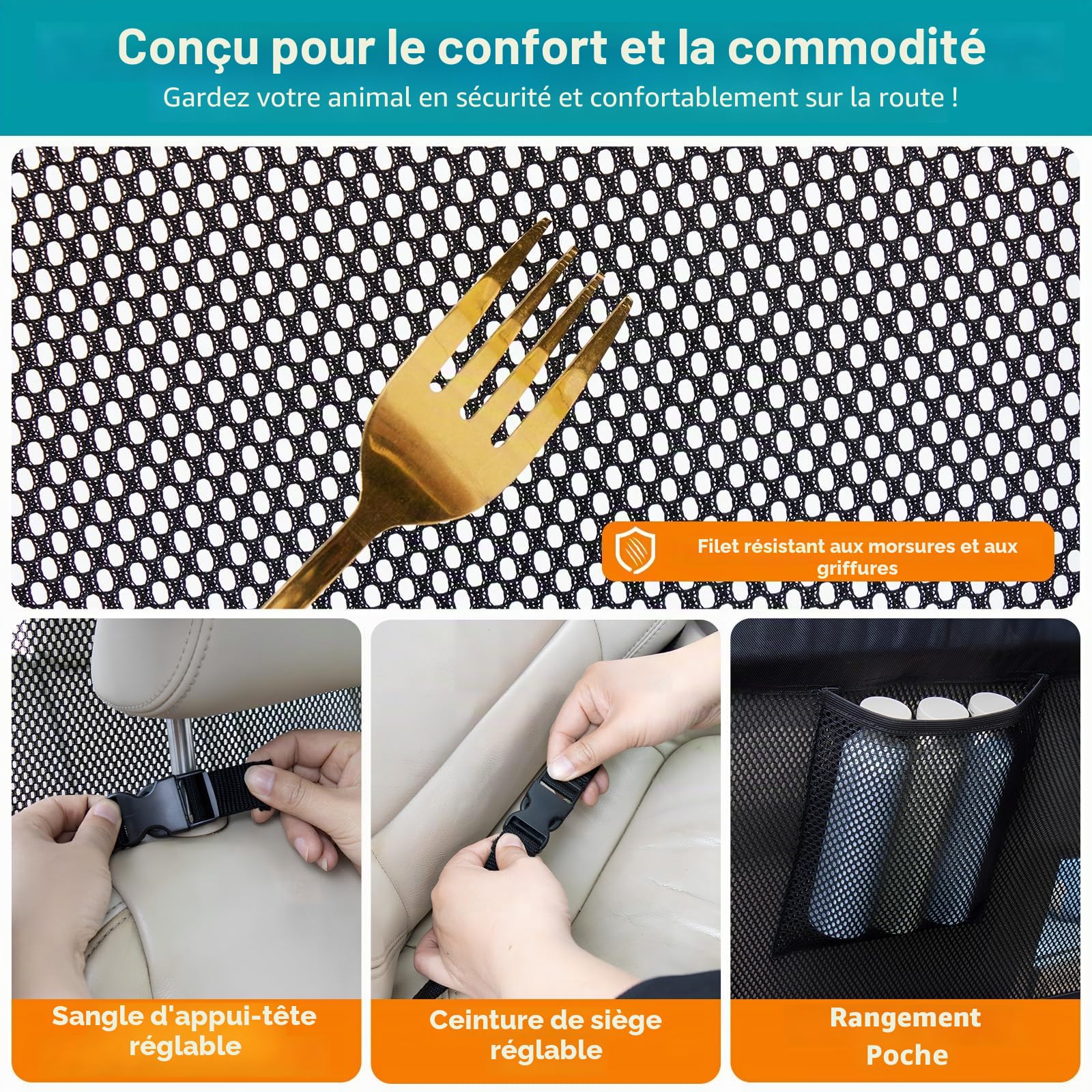 Barrière pour chiens pour voiture siège arrière et coffre avec une couverture plus large, ajustement universel pour voiture et SUV, barrière de séparation pour chiens avec filet transparent