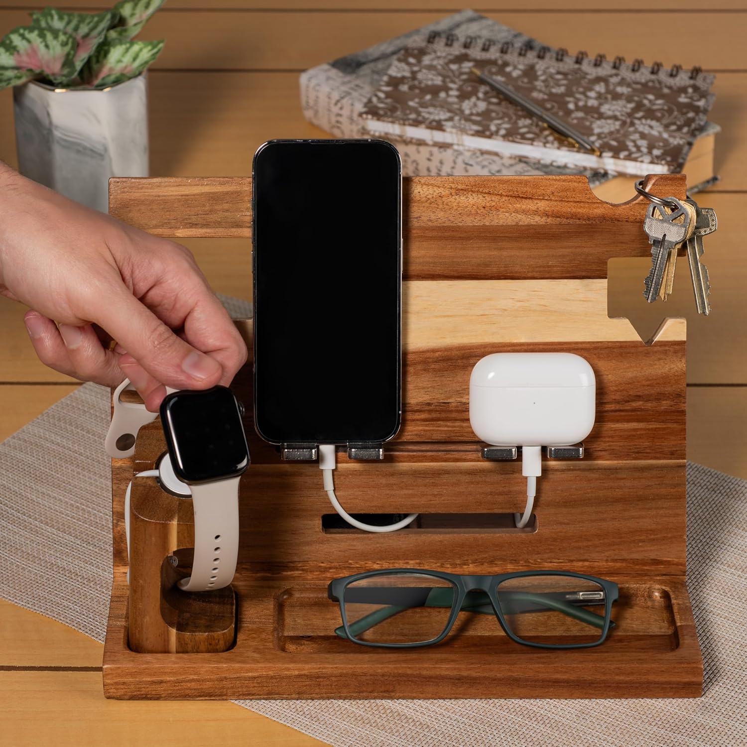 Wood Phone Docking Station for Men, Nightstand Organizer, Gifts for Him from Daughter Son Wife, Christmas Anniversary Birthday Gift Ideas for Husband Him