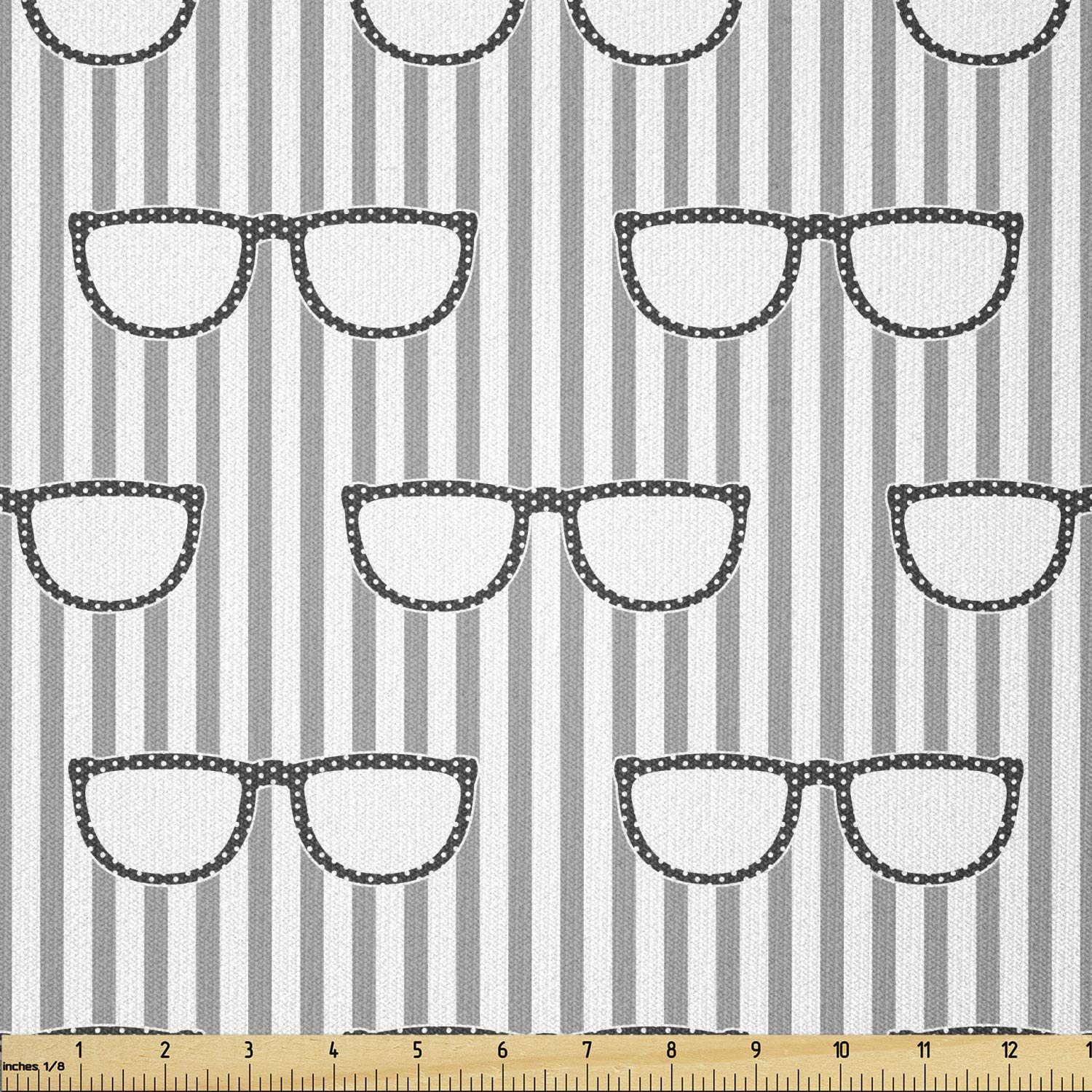 Lunarable Grey Fabric by The Yard, Groovy Popular Hipster Glass on Vertical Stripe Background Fashionable Nerd Eyes Artwork, Stretch Knit Fabric for Clothing Sewing and Arts Crafts, 2 Yards, White