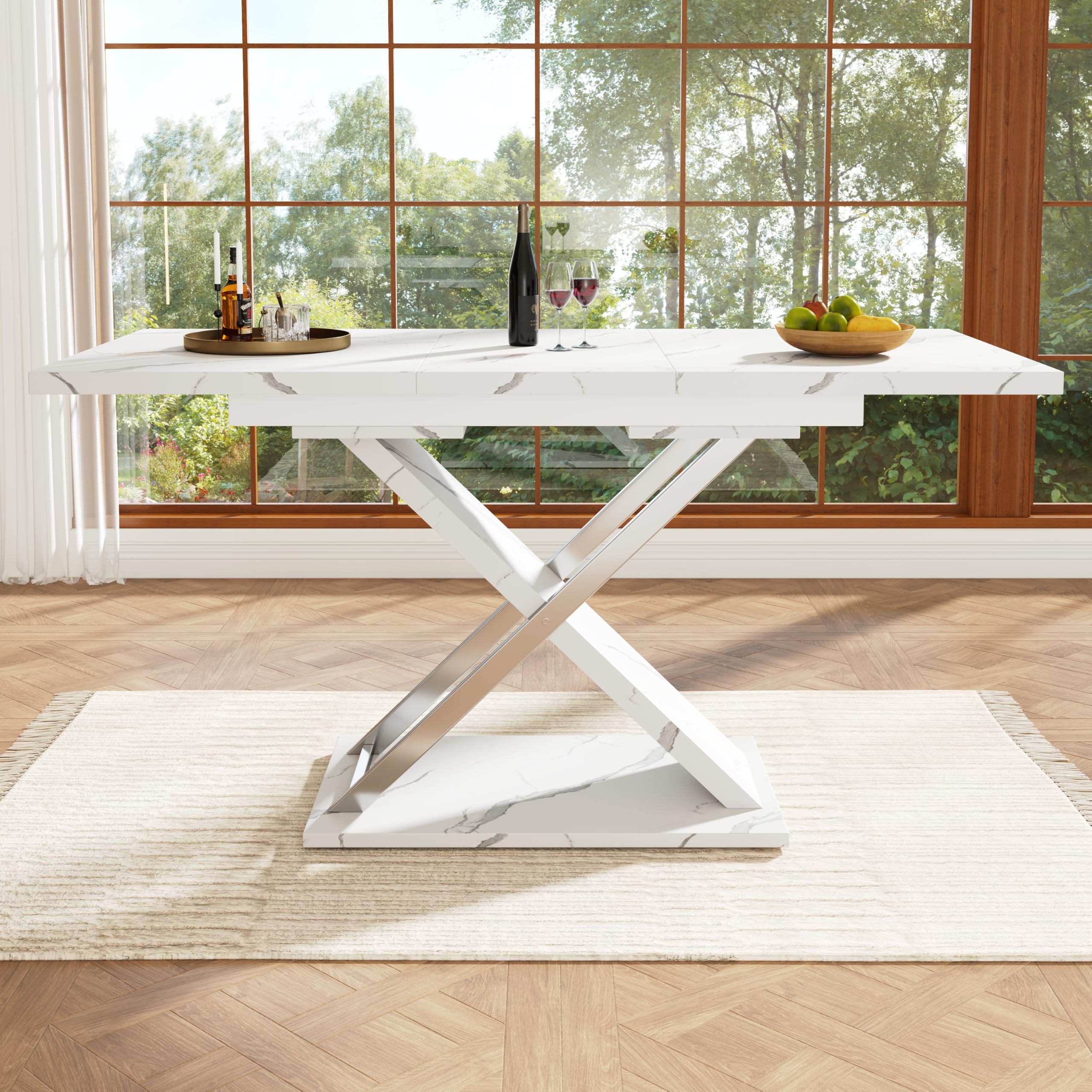 Merax Extendable Dining Table for 6–8 People, Modern Kitchen & Living Room Table with Cross Legs, Marble Effect Dining Table, Minimalist Rectangular Table 118–157 cm