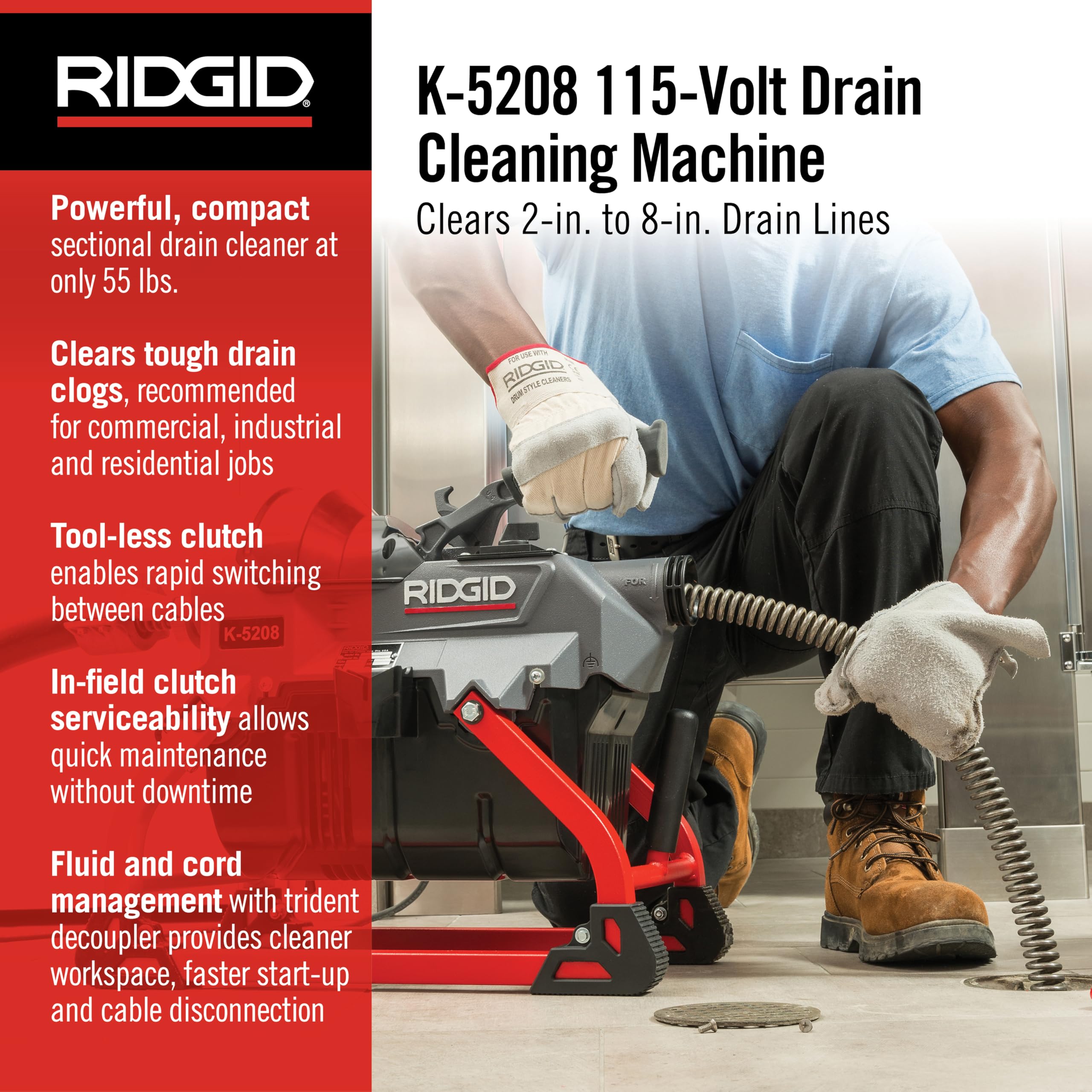 Ridgid 61693 K-5208, 115V 60Hz Drain Cleaner Machine with Guide