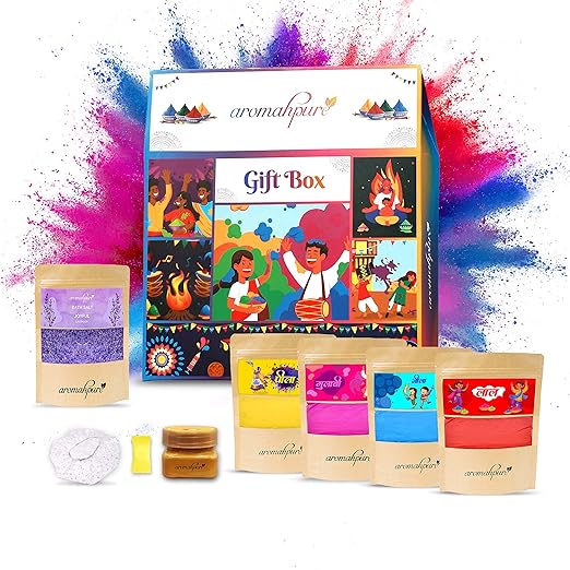 Aromahpure Color Hamper Box | Natural & Scented Colour 4x100gms | Pink, Blue,Yellow, Red | Skin Friendly | Premium Bath Salt, 80 Gms | Lavender | Chandan Tilak- 25gms | 4 Coin Tissues | 4 Shower Caps
