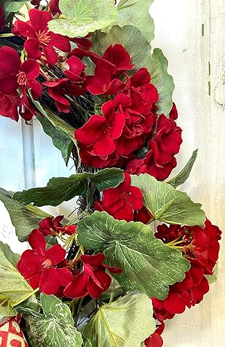 Miniatura 8 de Corona de geranio rojo para decoración de puerta delantera de primavera o verano en 21 pulgadas de diámetro, forma redonda