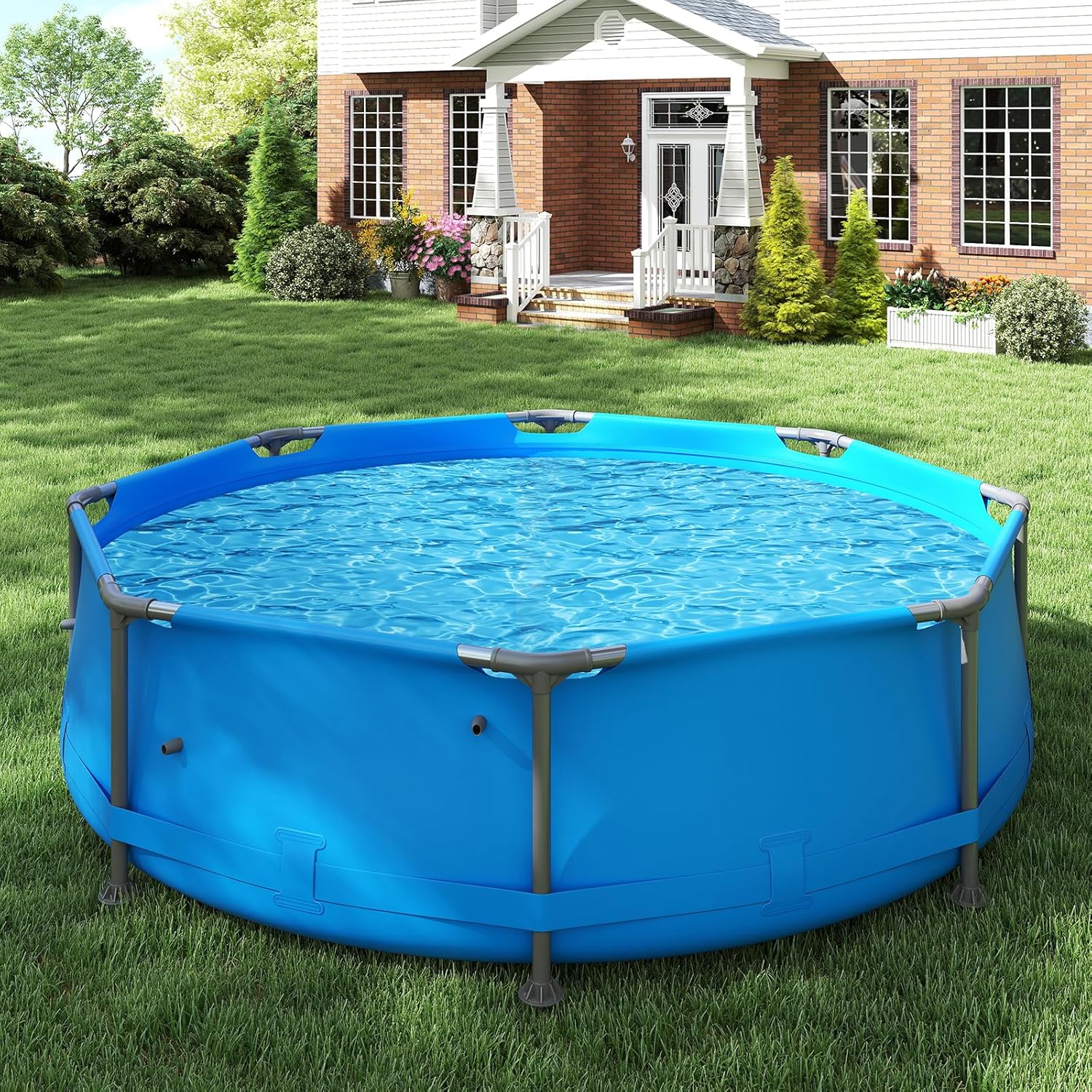 GYMAX 10ft x 30in Metal Frame Above Ground Swimming Pool, Outdoor Backyard Famliy Pool Set with Puncture-Resistant Fabric, Drainage Valve Connector for Kids & Adults (10' x 30", Round, Blue)