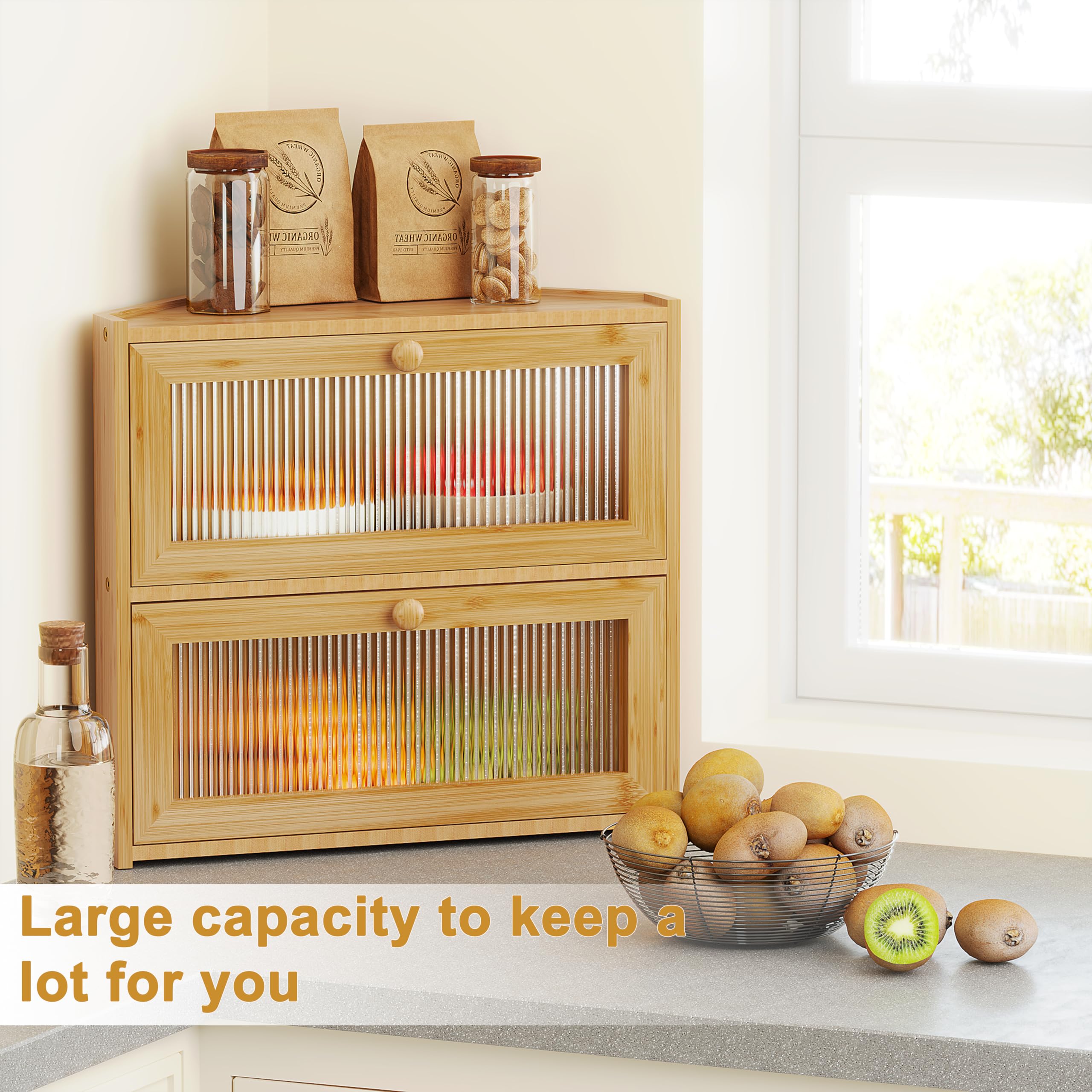 BAMBANG Panera esquinera para encimera de cocina, contenedor de almacenamiento de pan de bambú de doble capa con ventanas onduladas, panera grande de granja, soporte de madera para pan casero, natural