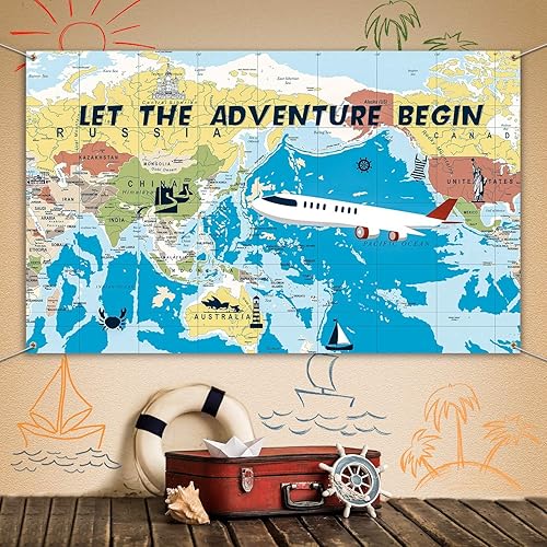 Miniatura 4 de Blulu Fondo de aventura espera Let The Adventure Begin Back to School Baby Shower Party Decoraciones de 6 x 3.6 pies para fiesta temática de viaje,