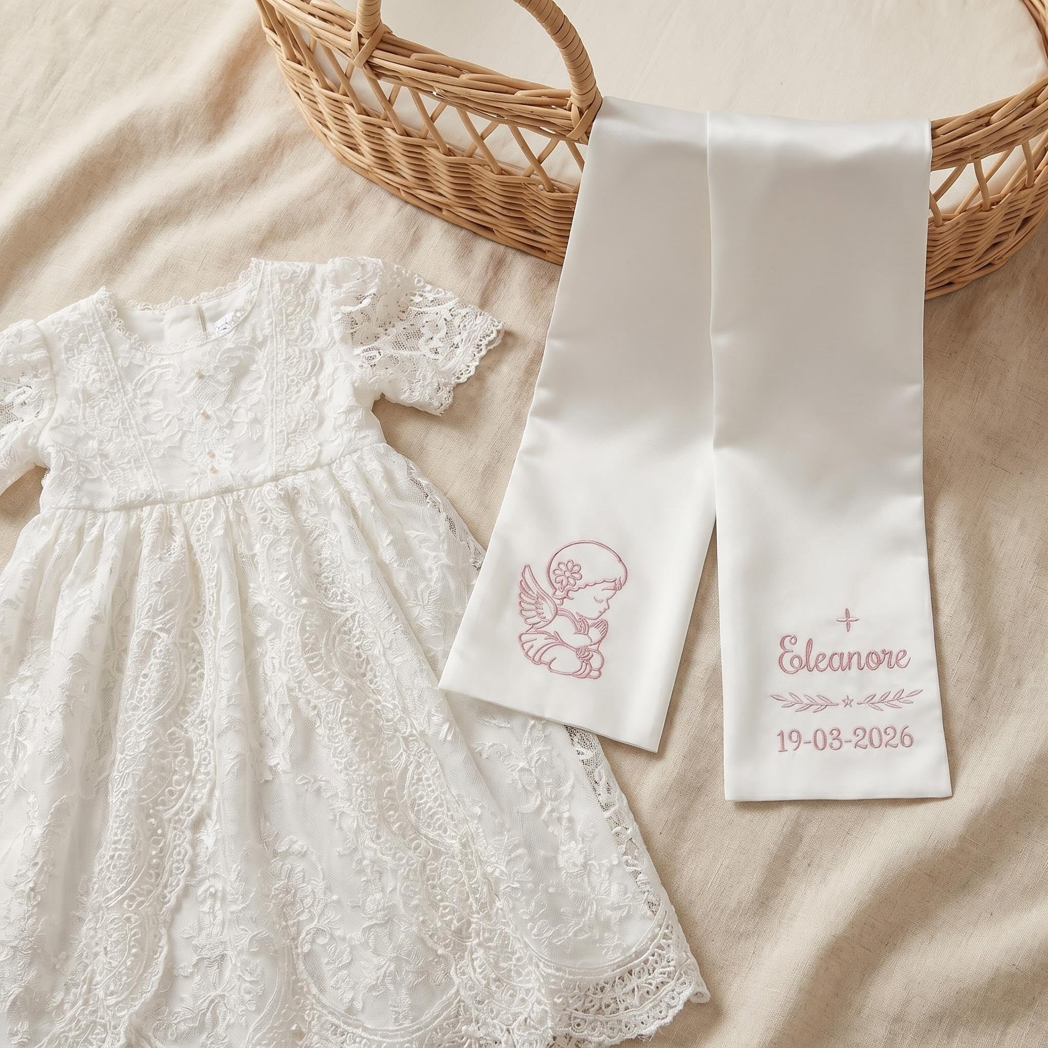 XIAOMA Écharpe de Baptême Personnalisée Enfant, Écharpe Communion Brodée Prénom et Date, Écharpe Blanche Satin Ange ou Croix, Cadeau Baptême Fille Garçon avec Coffret Cadeau, Personnalisation 48h