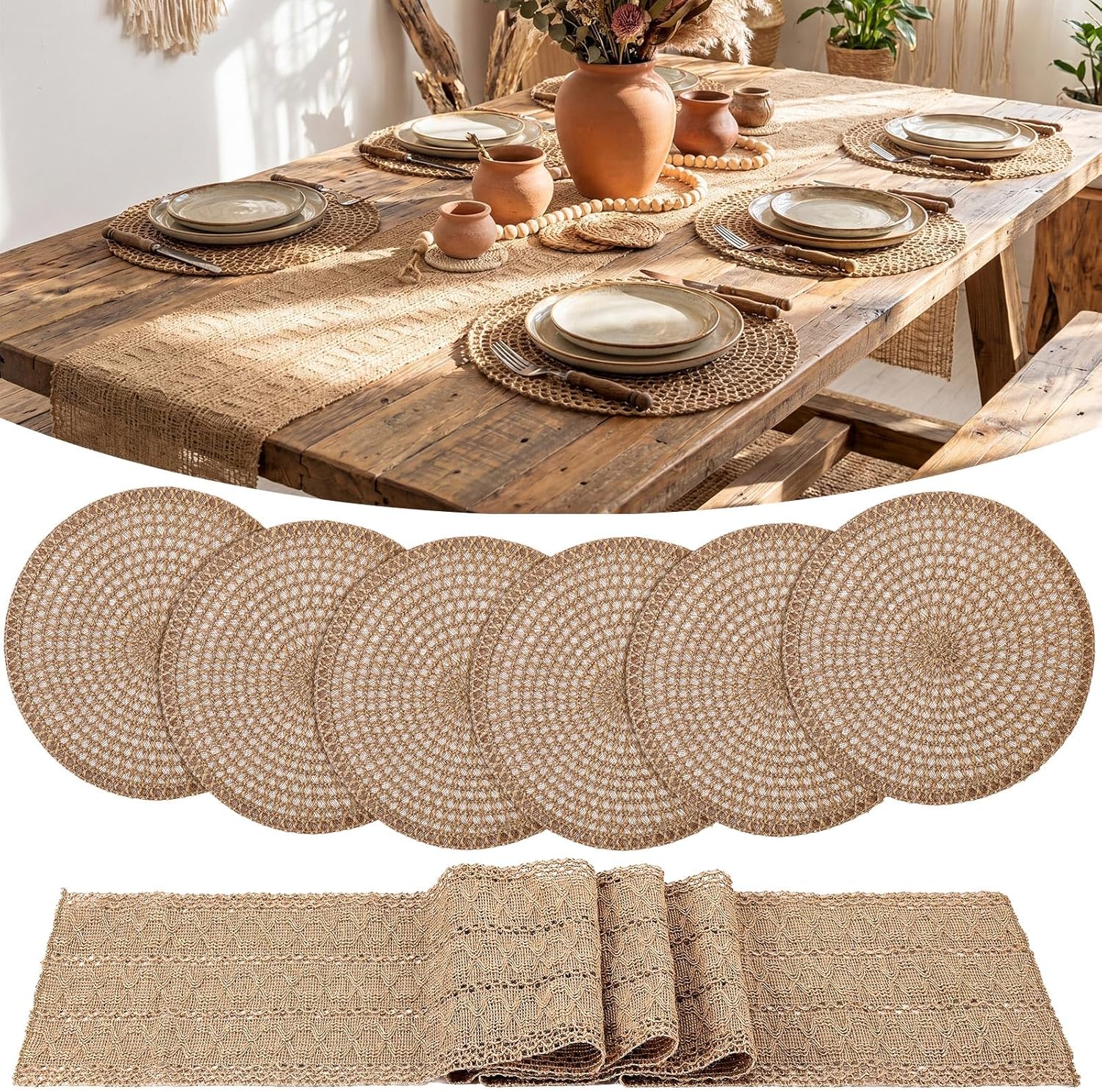6 Pcs 15'' Round Boho Woven Placemat and 72'' Long Jute Table Runner Set Burlap Braided Mat Macrame Farmhouse Rustic Natural Table Runner Centerpiece for Home Dining Kitchen Wedding Decor