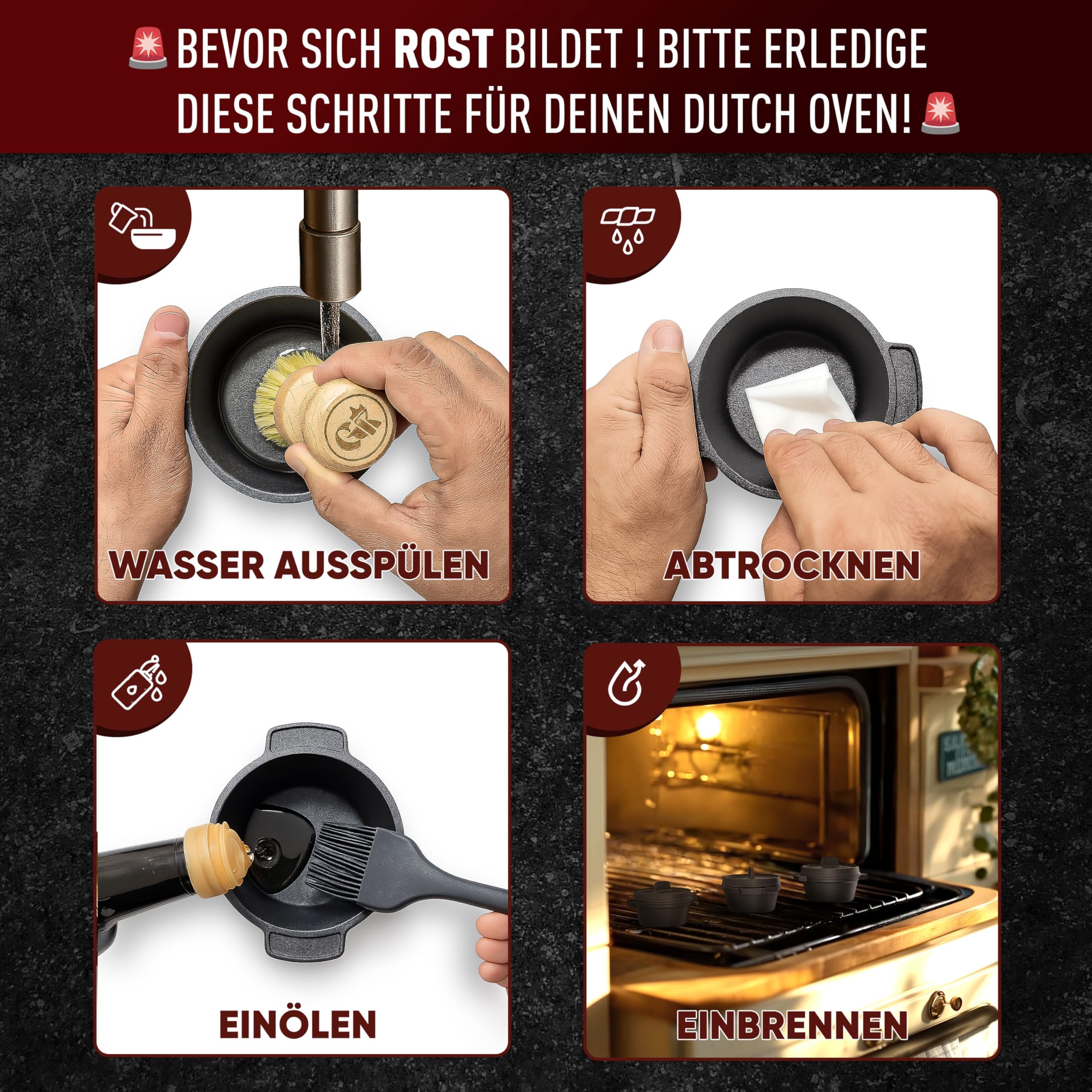 GUSSKÖNIG Dutch Oven Set Mini mit Holz-Untersetzer – 4x 300 ml Gusseisen Mini Topf mit Deckel–eingebrannter Mini Dutch Oven–Mini Cocotte Gusseisen Servierpfännchen–inkl. Pflegepaste–30 Jahre Garantie