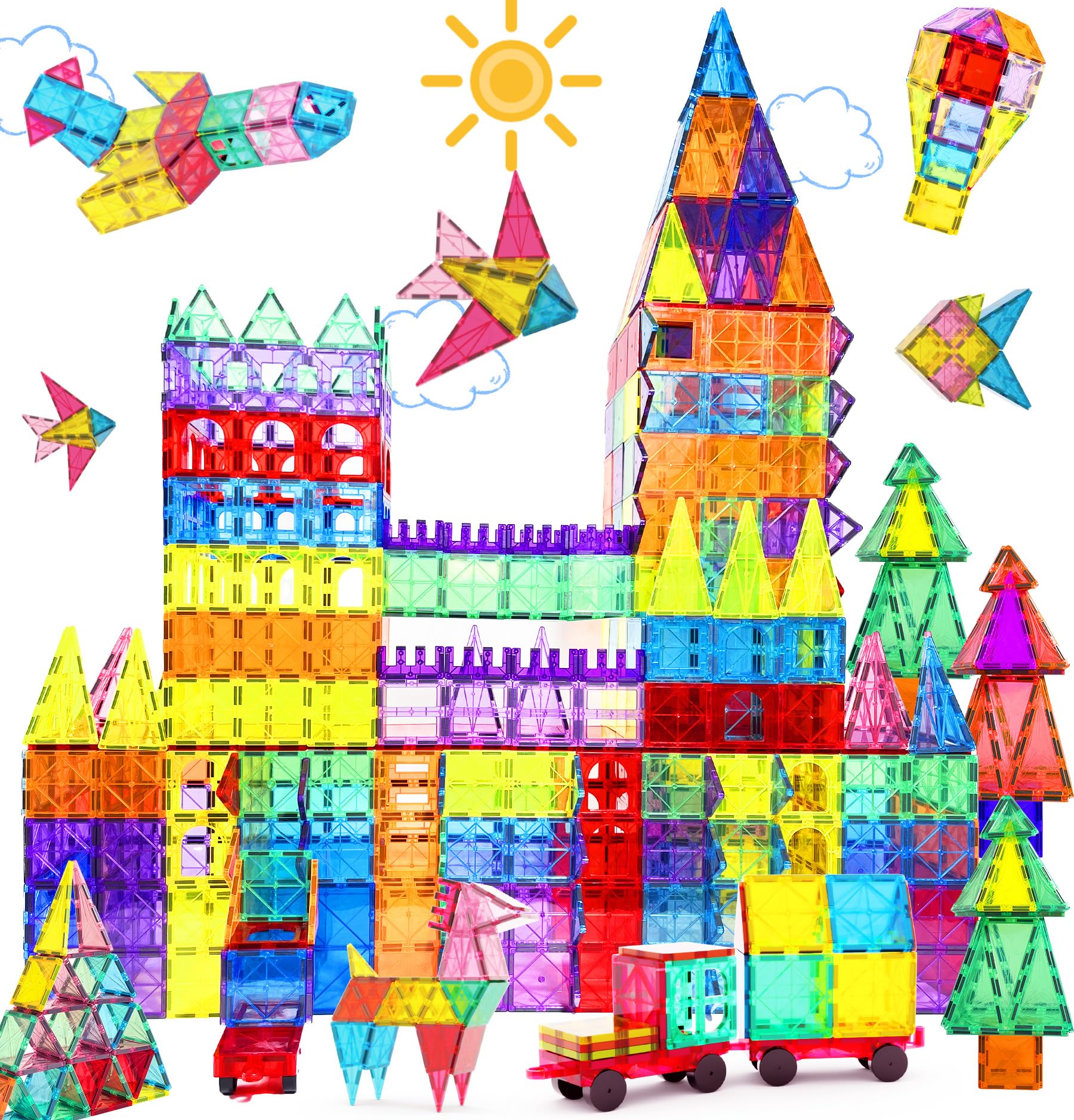104-Piece Magnetic Tiles Building Blocks Set With 2 Cars - STEM Educational Toys For Kids Ages 3-9+