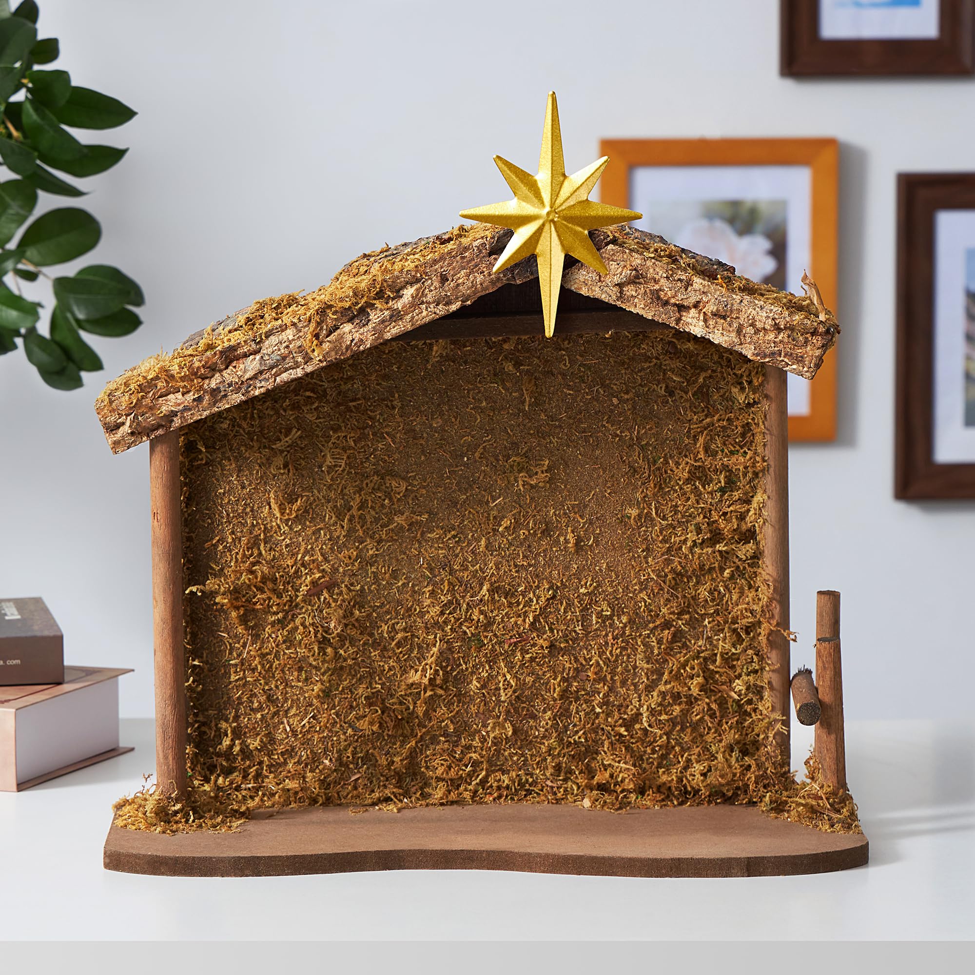 Wooden Nativity Stable 13.8''×11.8'' with Bethlehem Star, Fits 7-8'' Holy Family, Christmas Indoor Creche Home Desk Decor, No Figures