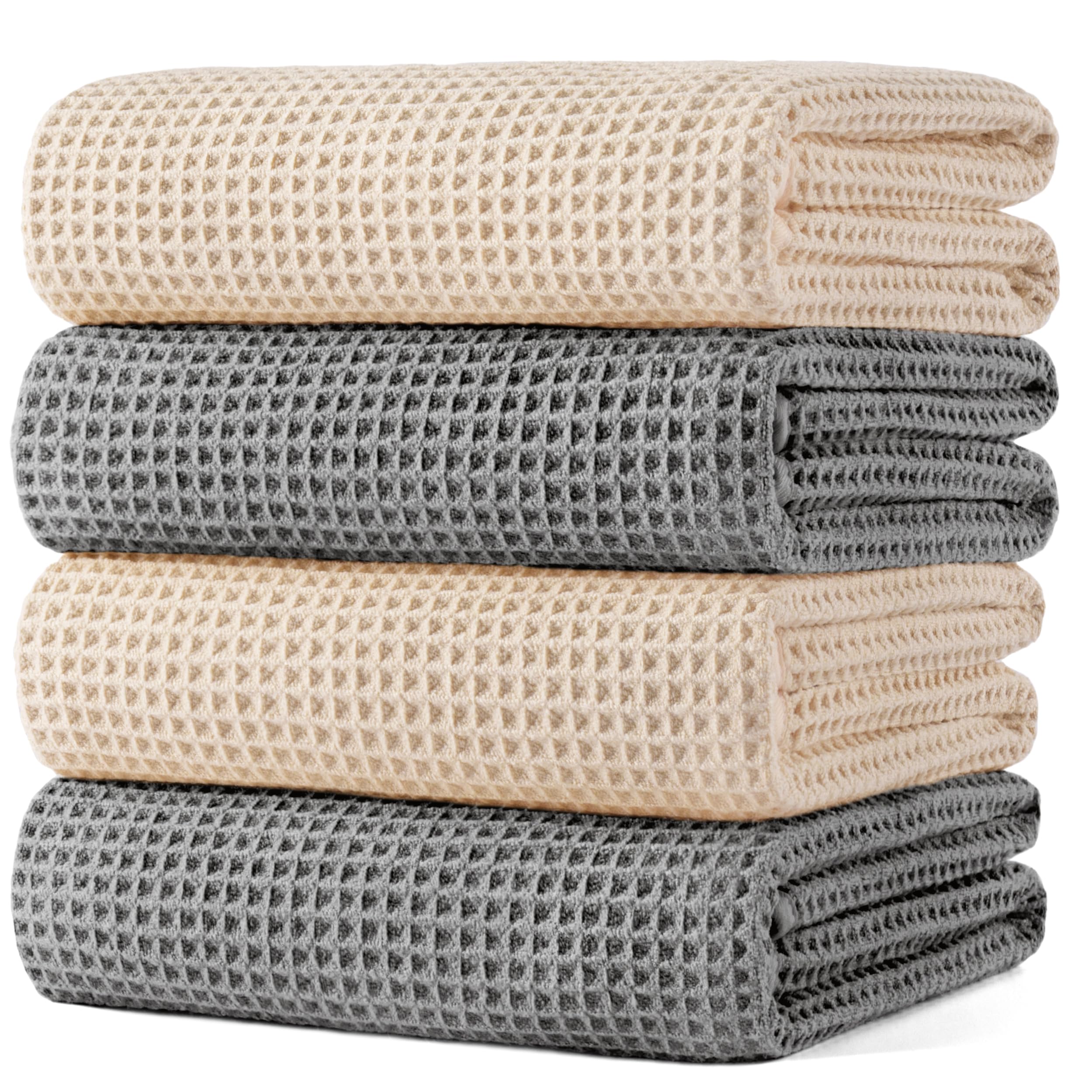 POLYTE 430 GSM Microfiber Oversize Quick Dry Lint Free Bath Towel, 60 x 30 in, 4 Pack (Waffle Weave)
