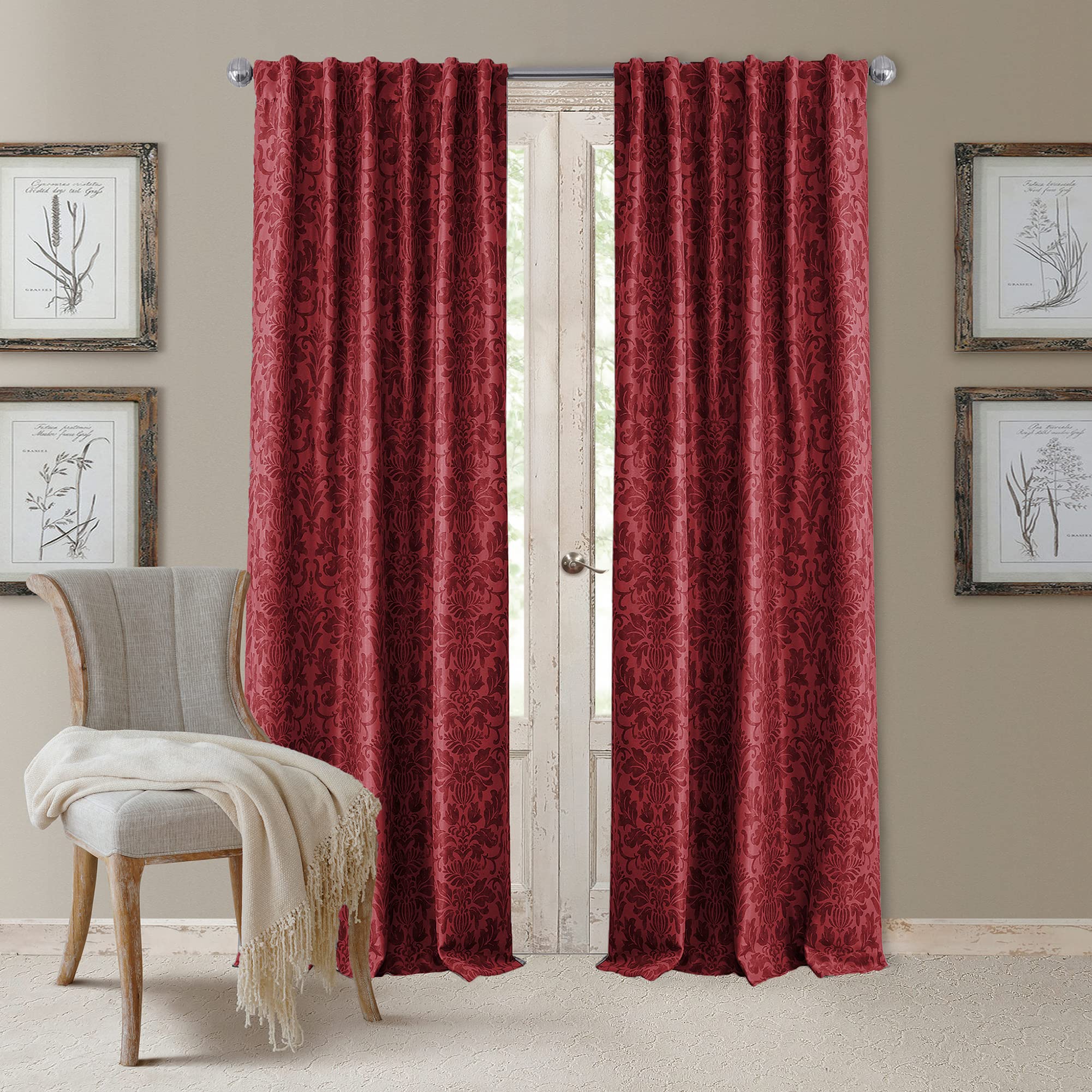Elrene Home Fashions Antonia Floral Damask Blackout Single Window Curtain Panel, 52"x108", Rouge