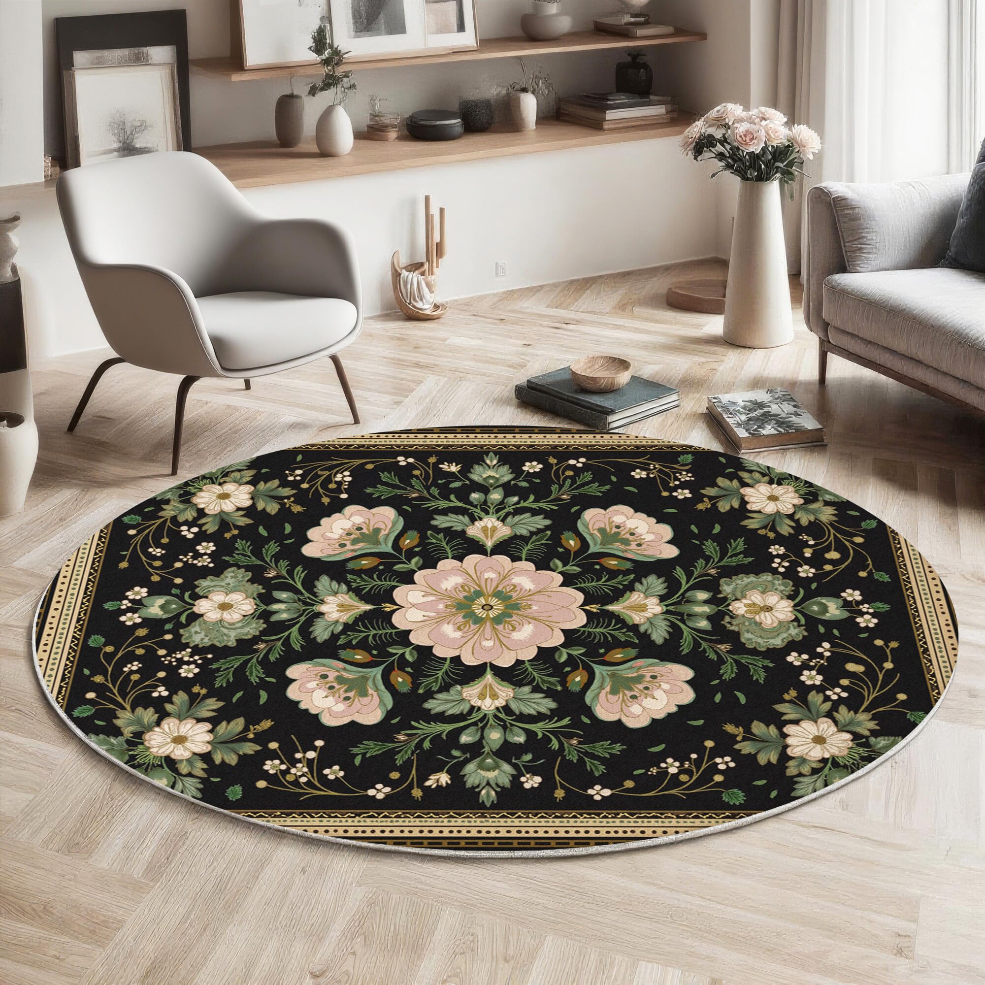 Tapis de zone ronde lavable floral rétro 180cm | Sol doux et vert