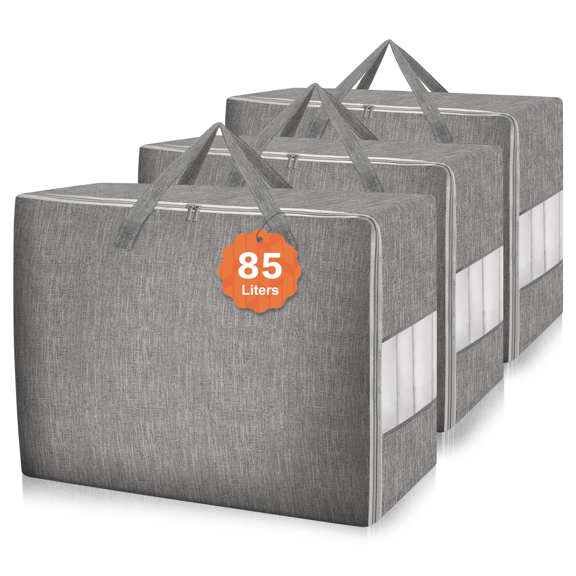 Karceyworth 3 Pack 85L Comforter Storage Bags, Extra Large Bedding Storage Bags with Sturdy Zipper and Reinforced Handle, Clear Window, Moving Closet