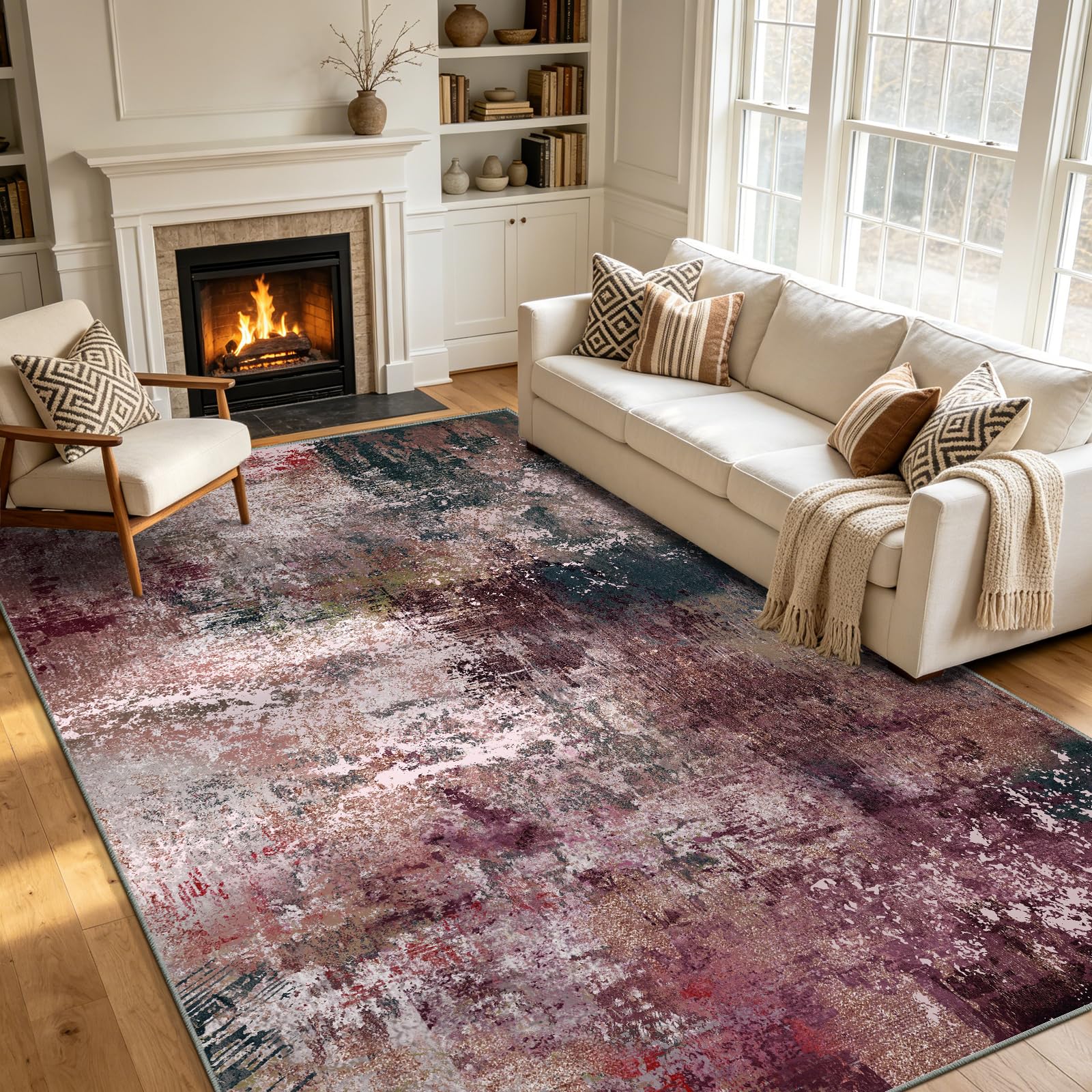 Tappeto per soggiorno, lavabile, moderno, tortora, 160 x 230 cm | Tappeto astratto, antiscivolo, a pelo corto, morbido, per soggiorno, sala da pranzo, ufficio