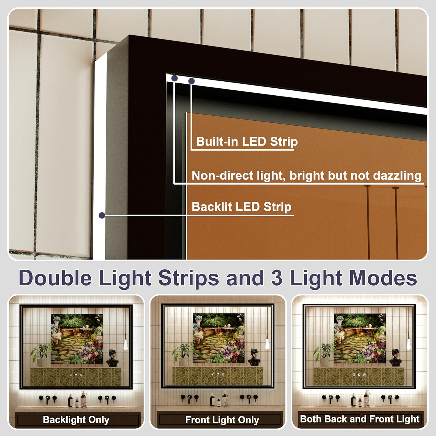 24x32 Inch LED Bathroom Mirror with Front & Back Lights, Adjustable 3000K/4500K/6000K, Wall Mounted Black Lighted Bathroom Vanity Mirrors, Dimmable, Memory, Anti-Fog, Horizontal/Vertical