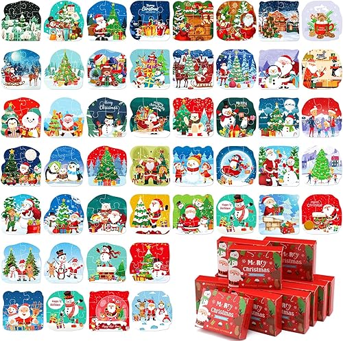 Liliful Paquete de 48 rompecabezas de Navidad para niños, mini rompecabezas de Navidad de 6 piezas en forma de rompecabezas con cajas para bolsas de