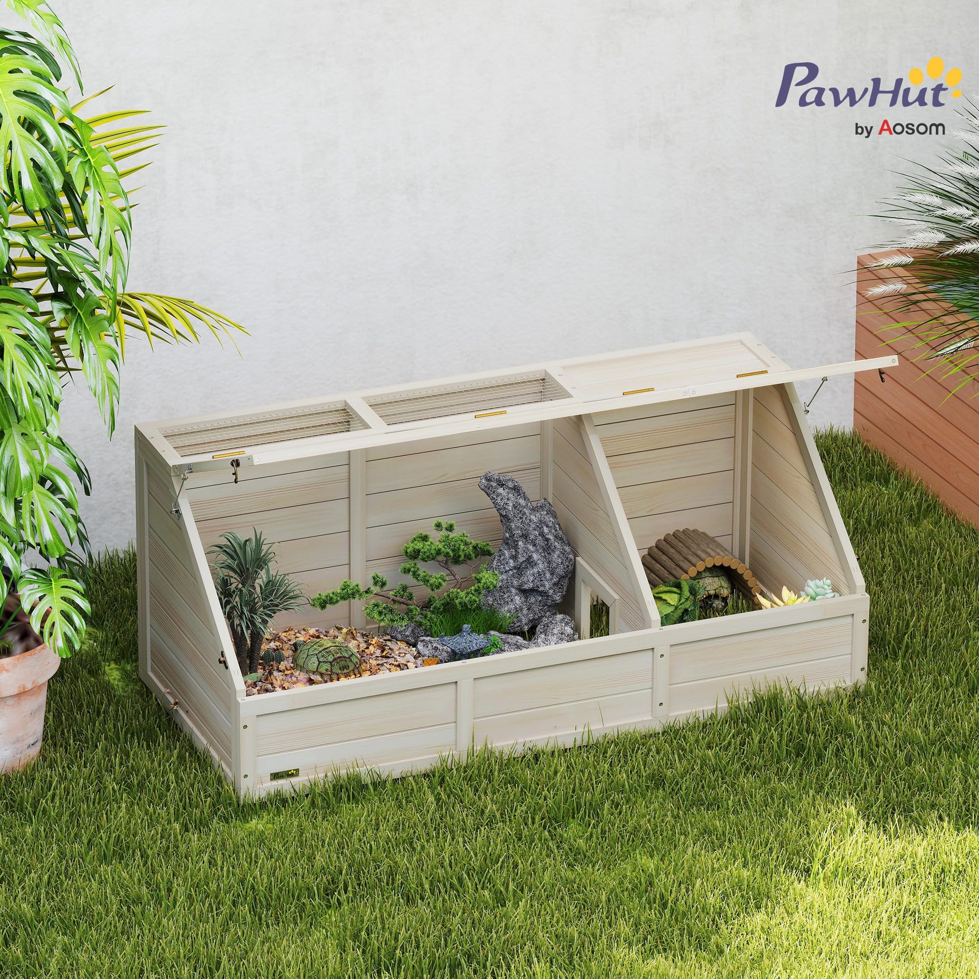PawHut - Casa de Madera para Tortugas, recinto Exterior para Animales pequeños con Tapa abrable, pestillos y 2 Espacios Separados, sin Fondo, 120 x 55 x 50 cm, Madera Natural
