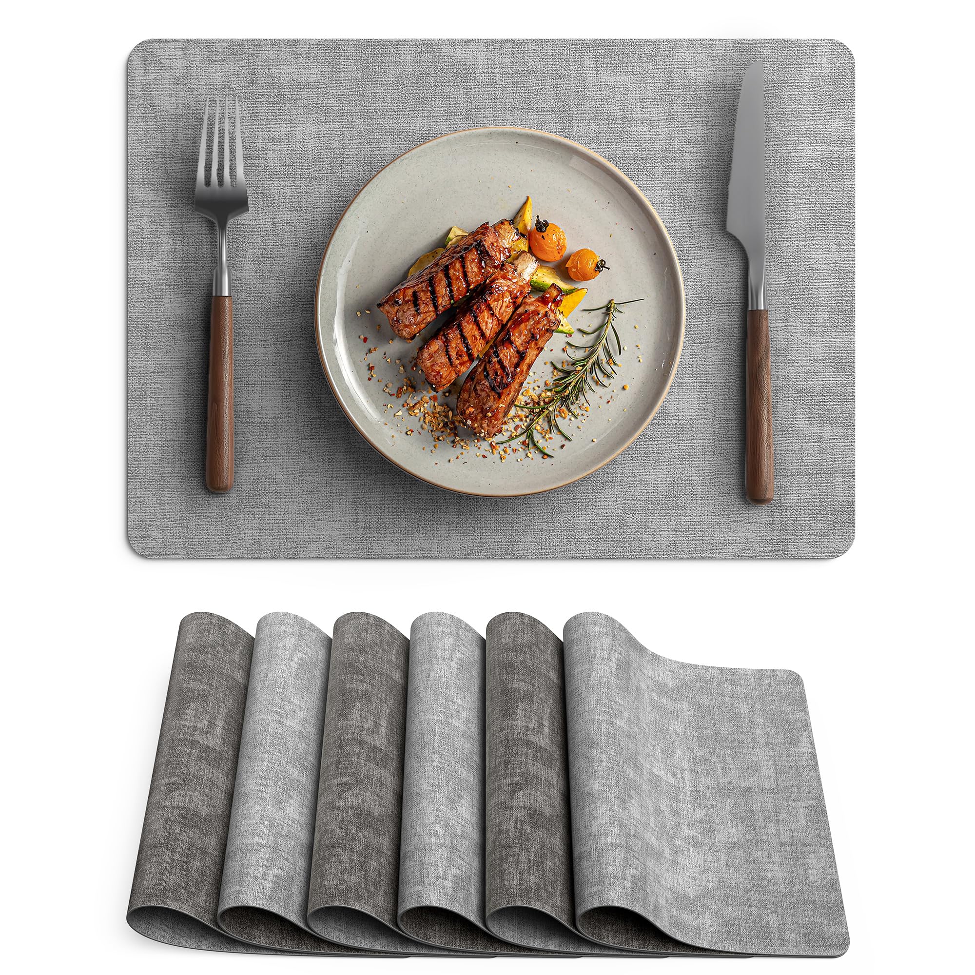 Juego de 6 manteles individuales de vinilo de piel sintética, resistentes al calor, 100 % lavables, impermeables, antideslizantes, reversibles, para cocina, comedor, fiesta, al aire libre, 12 x 16.5
