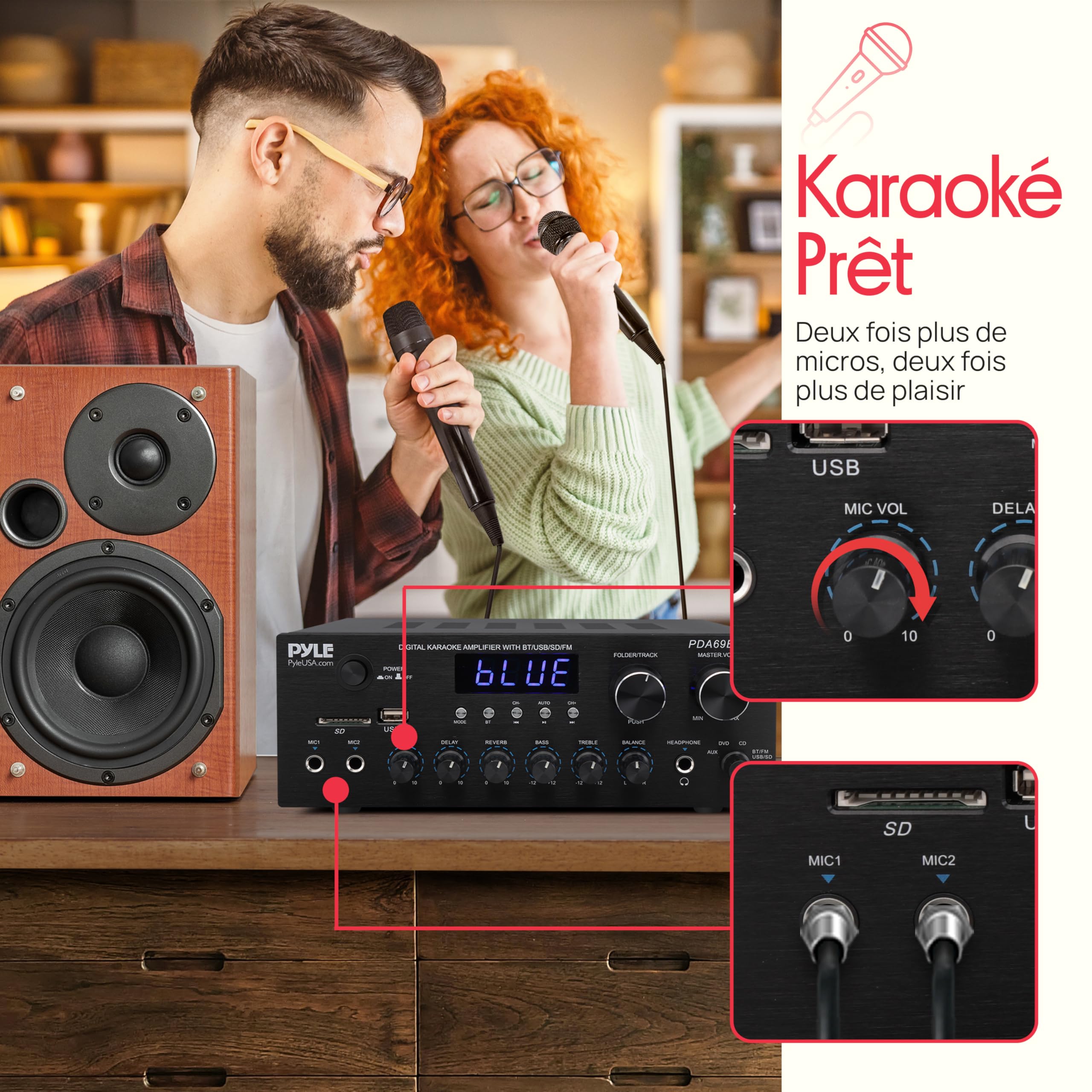 Pyle Ampli Bluetooth Maison 300 W – Récepteur Stéréo 2 Canaux pour Haut-Parleurs avec USB, SD, MP3, AUX, RCA, FM, 2 Entrées Micro 6,35 mm, Réverbération, LED, pour Haut-parleurs, Musique, Studio