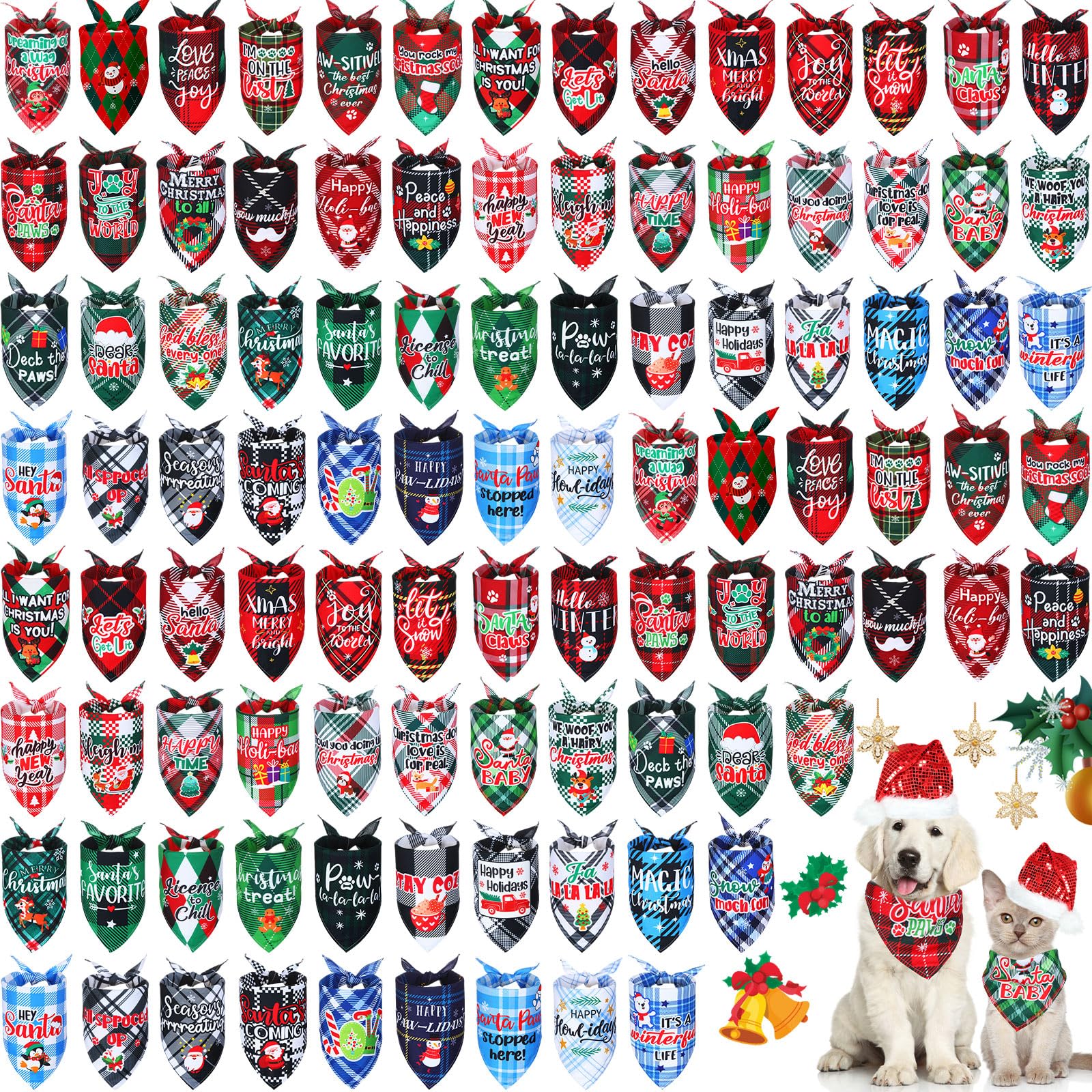 Abbylike 100 Pcs Christmas Plaid Dog Bandanas Bulk Dog Holiday Scarf Bibs Puppy Bandanas Adjustable Washable Kerchief Pet