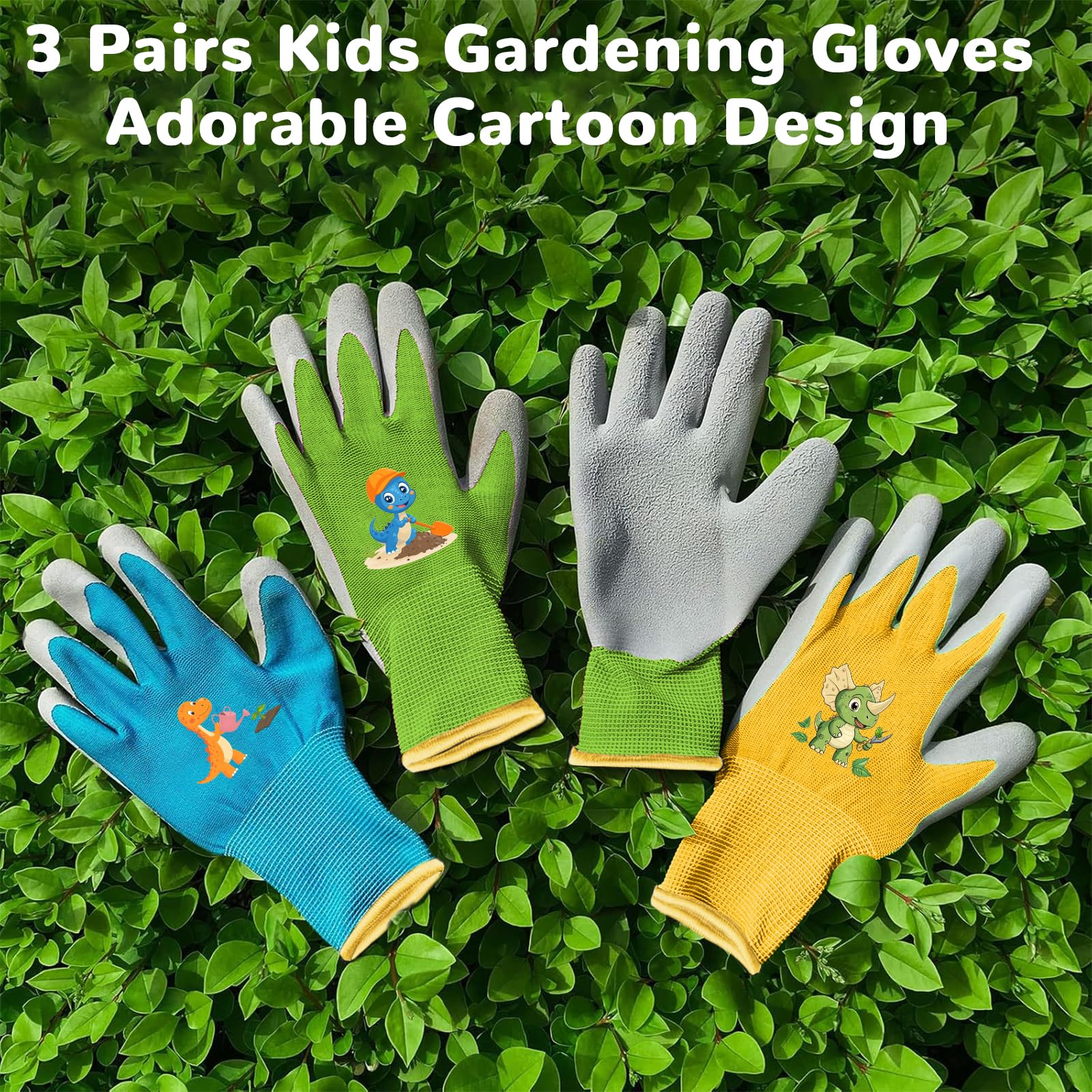 BIOECEUA 3 works Kids Gardening Gloves for Age 3-5, Children Rubber Coated Garden Work Gloves - Image 2