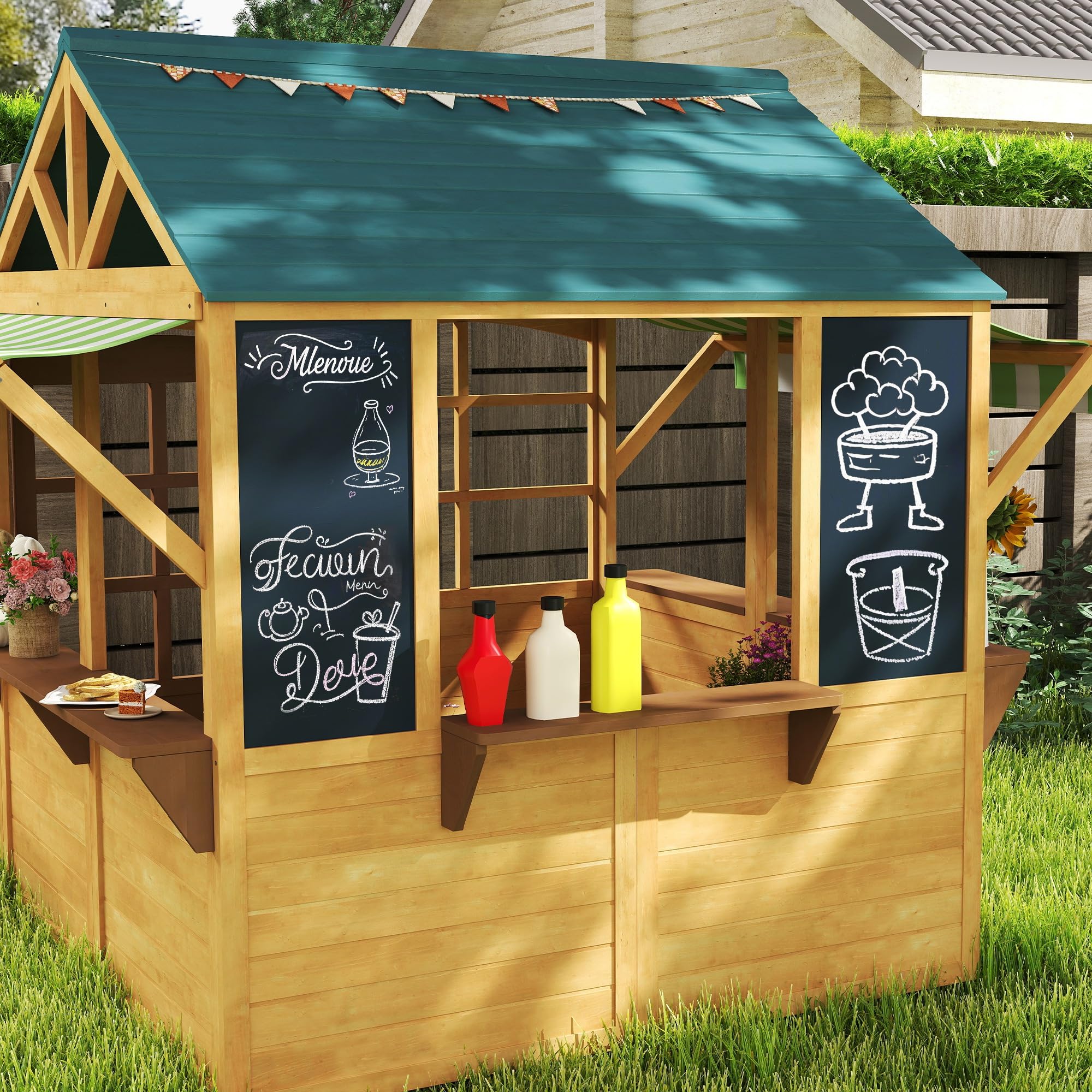 AIYAPLAY Casetta per Bambini in Legno di Abete, Casetta da Giardino Pieghevole con 5 Finestre, Tettoia, Porta e 2 Lavagne Nere, Casa da Esterno per Bimbi 3-8 Anni, 173x117x144 cm, Marrone
