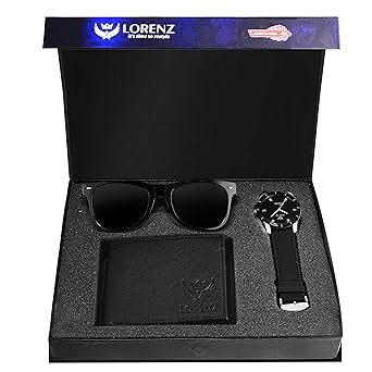 LORENZ Combo of Black Men's Wallet, Sunglasses & Watch | Choose Any one | Brown Wallet, Army Design Wallet, Blue Wallet or Black Wallet