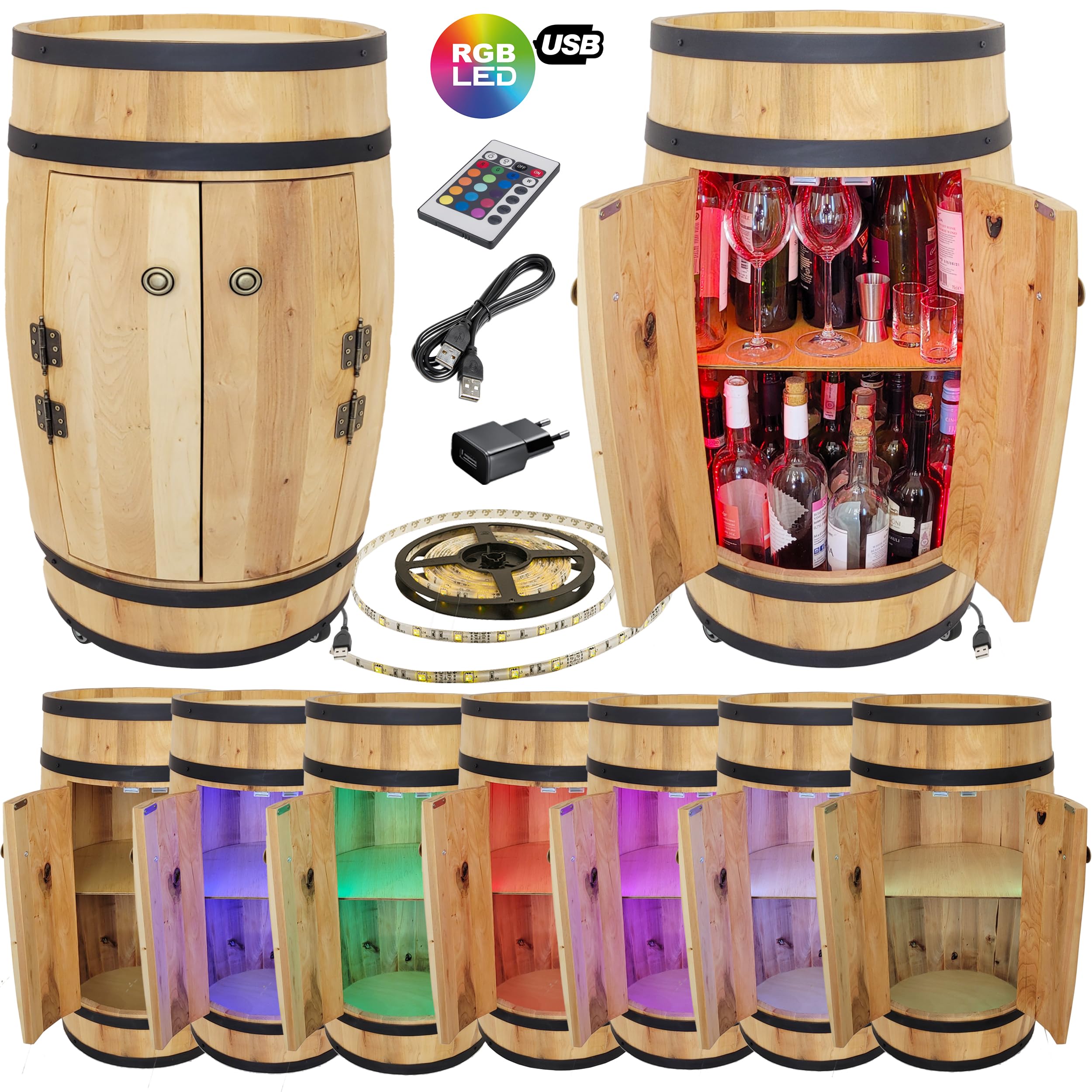 weeco Tonneau en Bois avec 4 Roues, Portes et éclairage USB RGB. Étagère en Bois de hêtre Solide et Renforts en métal - Tonneau Bar - Casier à Vin - Armoire de Bar (Marron Clair/chêne)
