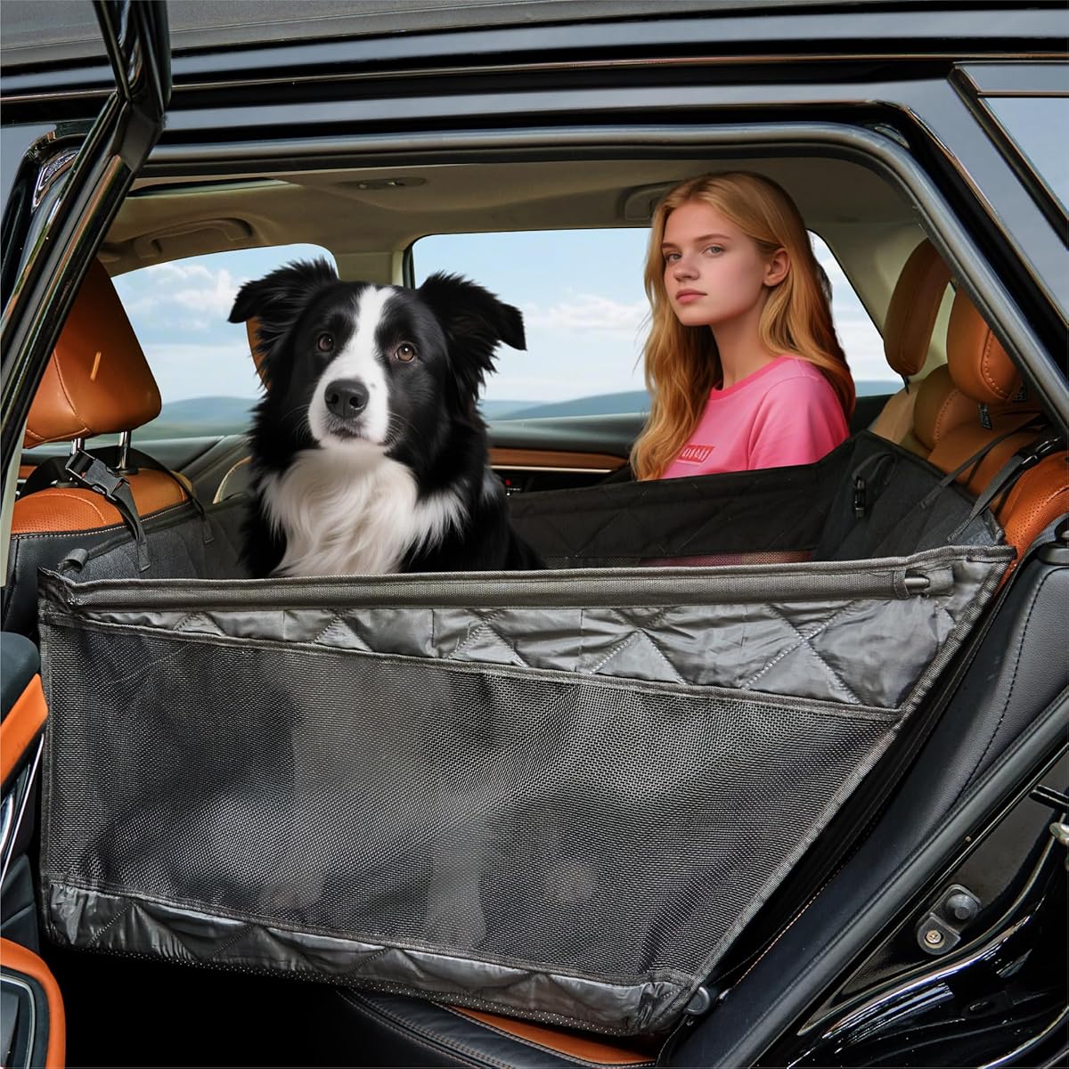Large Dog Car Seat, Hard Bottom Back Seat Extender for Large Medium Dogs, Waterproof Dog Car Seat Cover, Non-Slip Car Hammock, Pet Seat Cover for Car/SUV/Truck(Black-L)