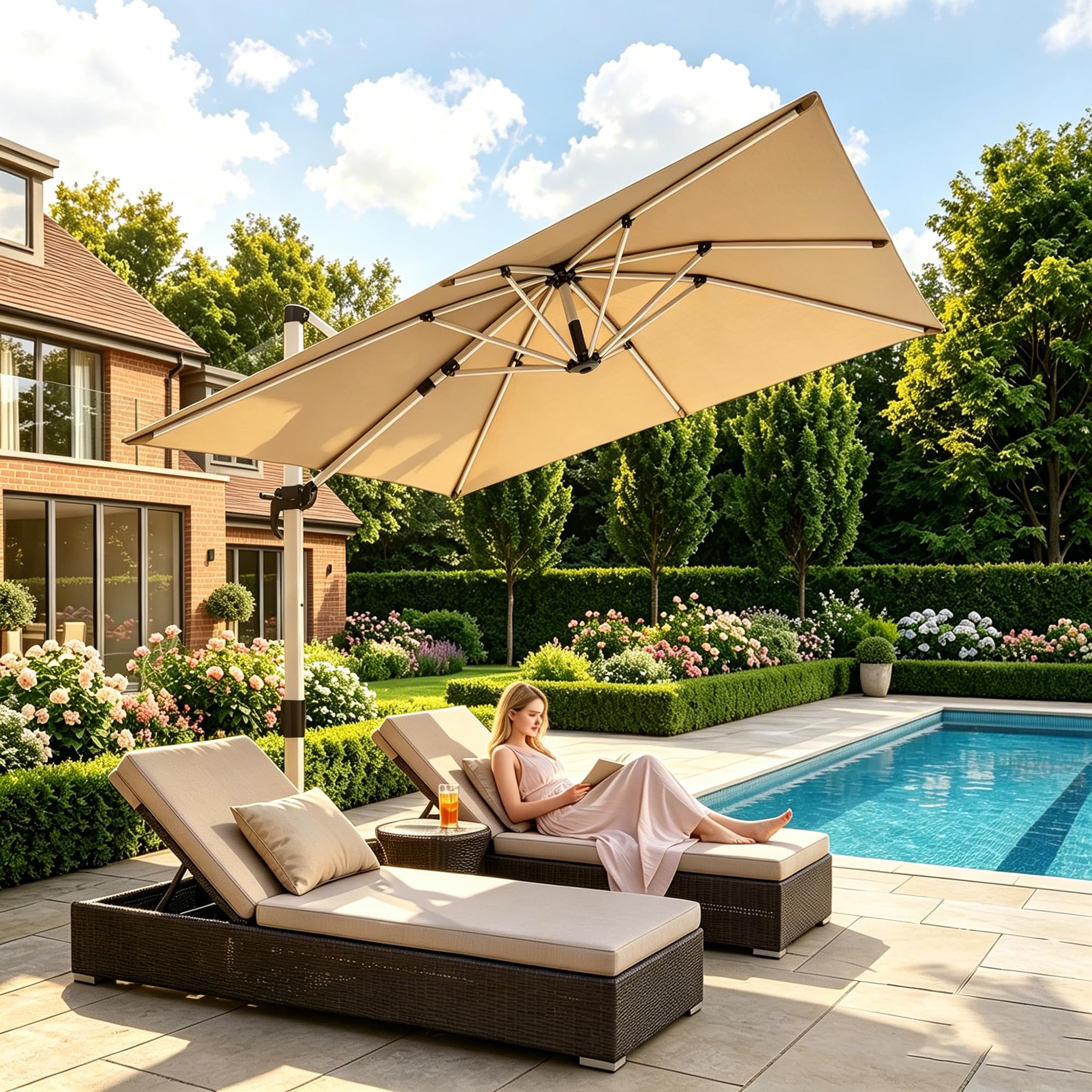JUMMICO 4x3m Rectangular Cantilever Garden Parasol with Crank Tilt, Aluminium Pole, 8 Ribs, 360° Rotation, UV Protection Waterproof, Outdoor Umbrella for Garden, Lawn, Terrace, Beige