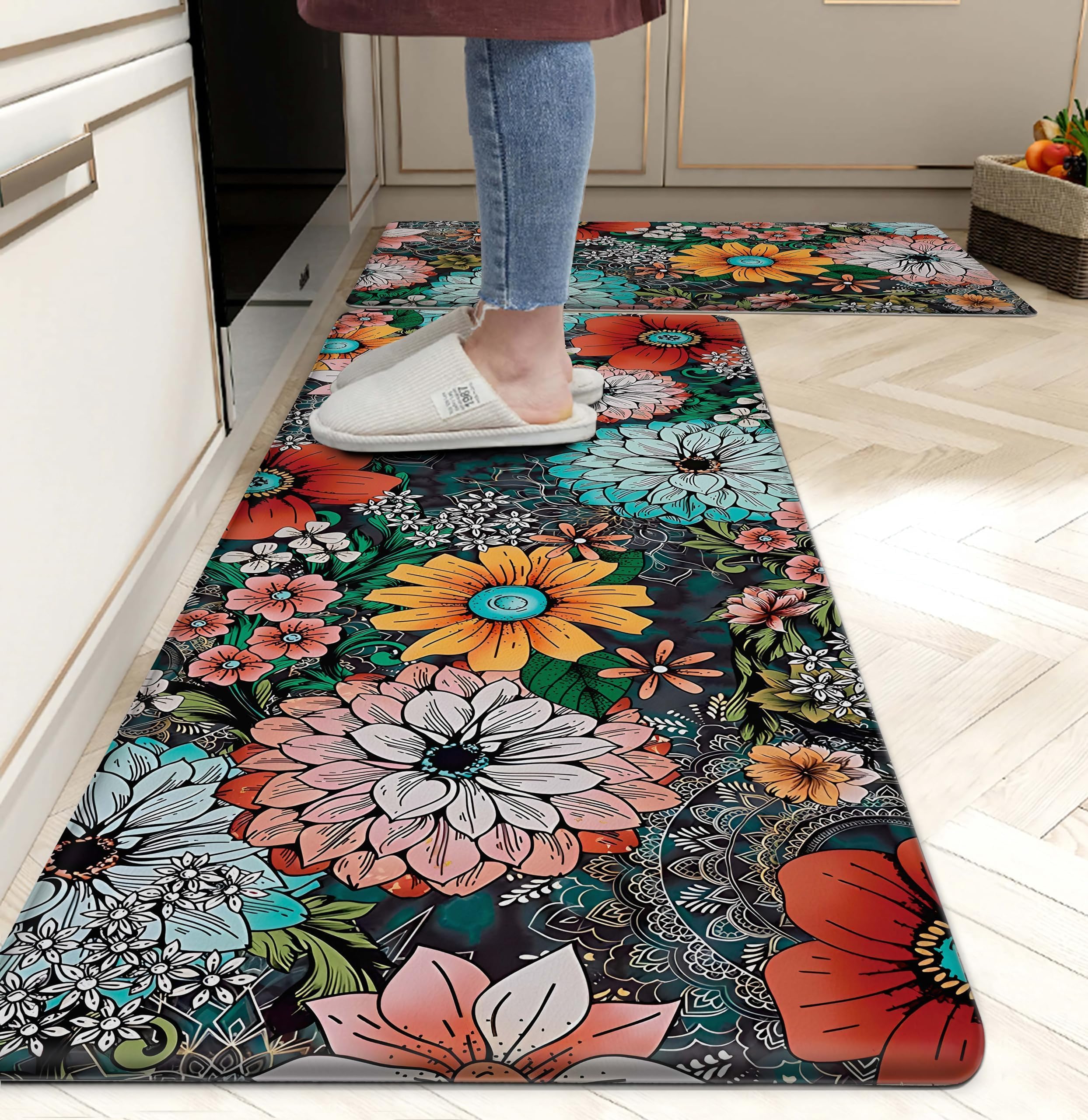 ASPMIZ Boho Floral Kitchen Mats Cushioned Anti Fatigue
