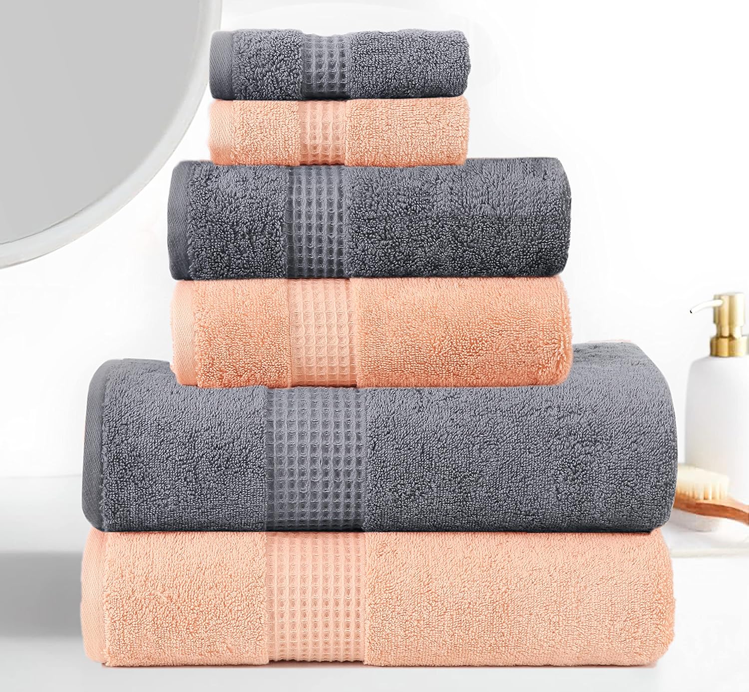 Bath Towel Sets Set of 6 Grey & Peach Luxury Hotel