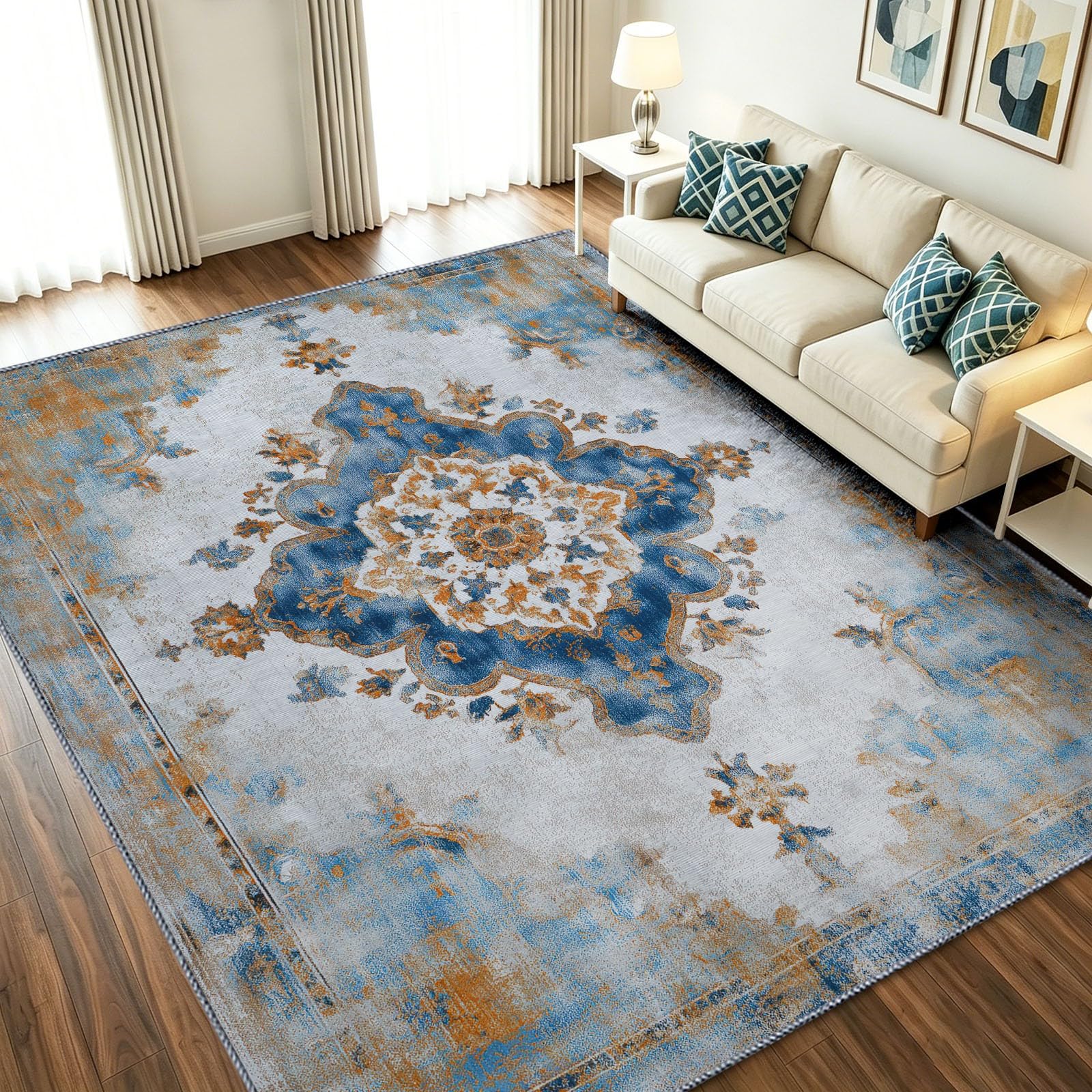 Tappeto per soggiorno, camera da letto, 120 x 180 cm, vintage, lavabile in lavatrice, antiscivolo, pelo corto, geometrico rombo, motivo per sala da pranzo, corridoio