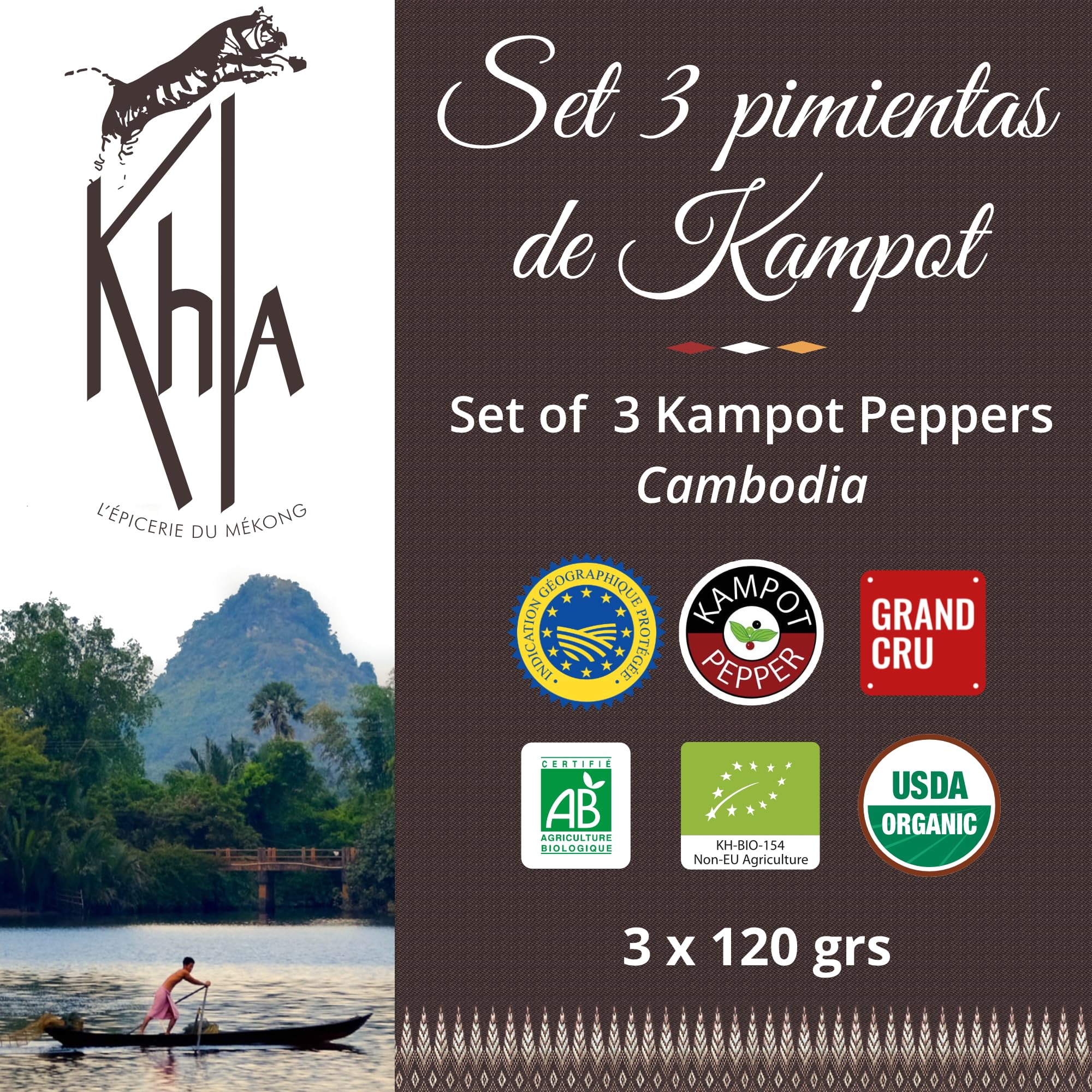 Khla - Set de 3 Pimientas de Kampot - Pimienta Negra, Blanca y Roja - 3 x 120g - Set Regalo Especias de Cocina - Pack Pimentas Gourmet - Regalo para Mujer, Hombre - Origen Camboya