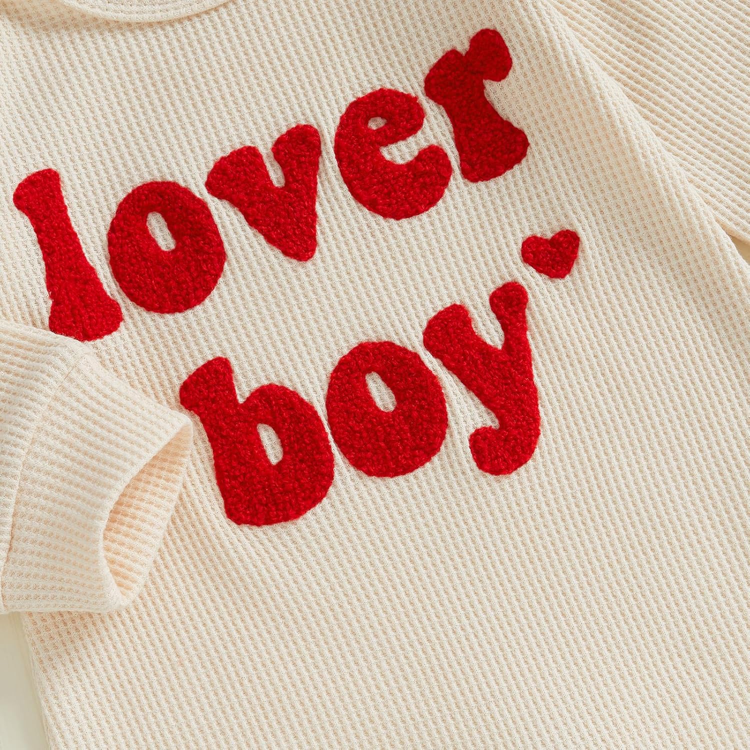 Newborn Baby Boy Valentines Outfit Letter Embroidery Waffle Knit Romper Jumpsuit Long Sleeve Knit Bodysuit Hat - Image 6