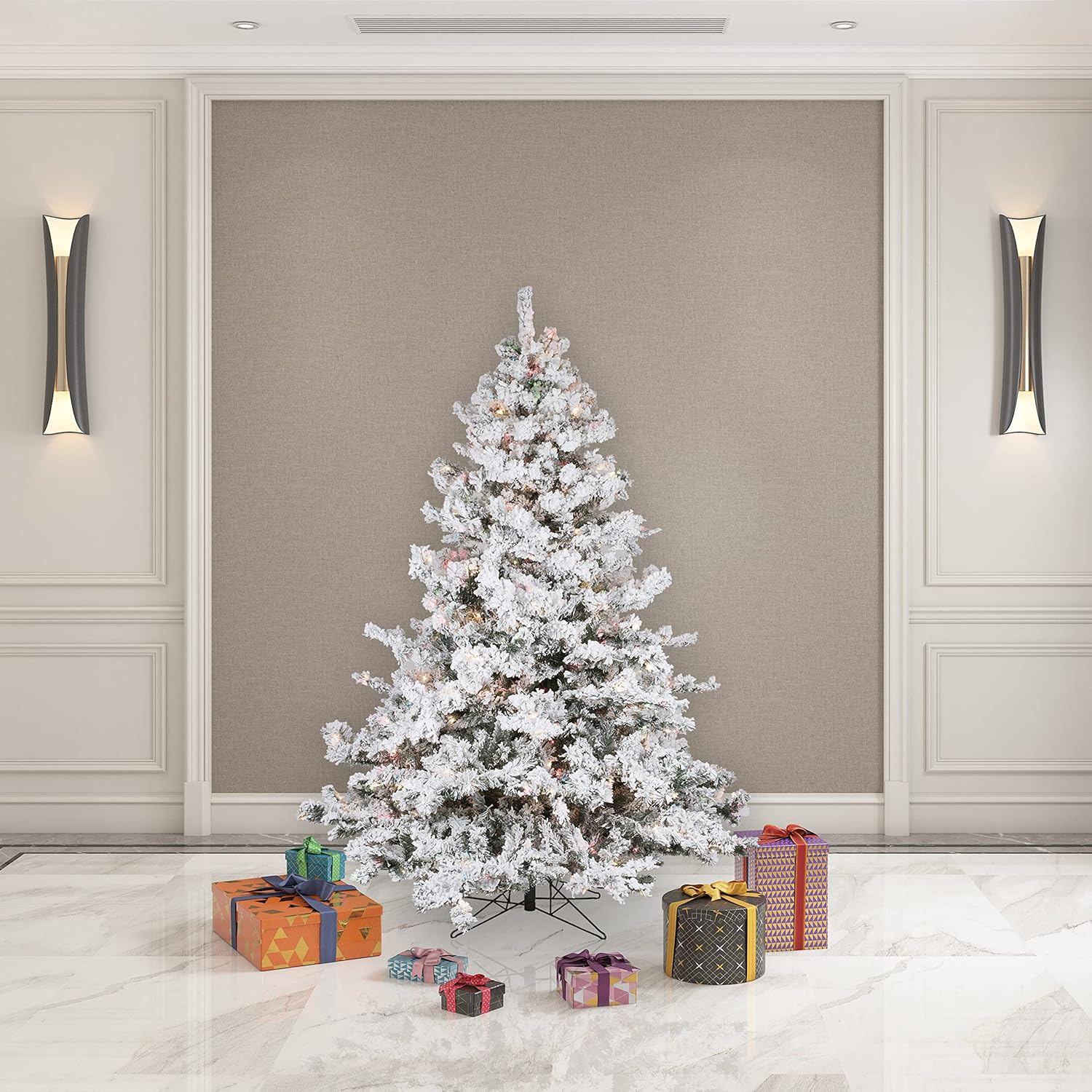 Vickerman Artificial 6.5' X 62" Indoor Flocked Alaskan Pine Christmas Tree - 700 Dura-Lit® Multi-Colored Lights - 1045 PVC Tips