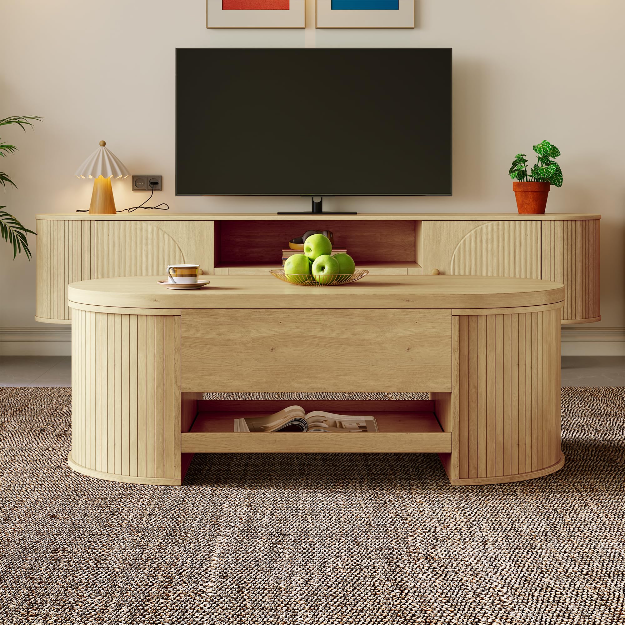 Soweiz Mesa de centro elevable, mesa de centro con lados curvos de madera, estante extensible, mesa elevable, mueble de salón multifuncional, 110 x 55,5 x 40 cm (color madera)