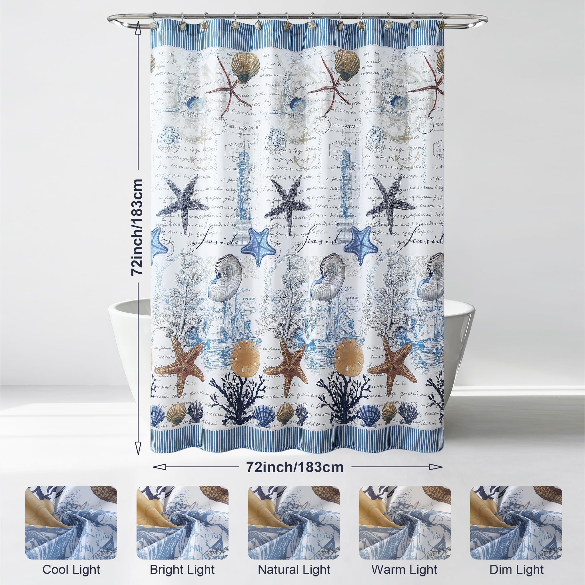 DS baño bajo el mar azul decorativa de concha marina cortina de ducha de tela de poliéster, resistente al moho cortinas de ducha para baño, diseño de baño cortinas