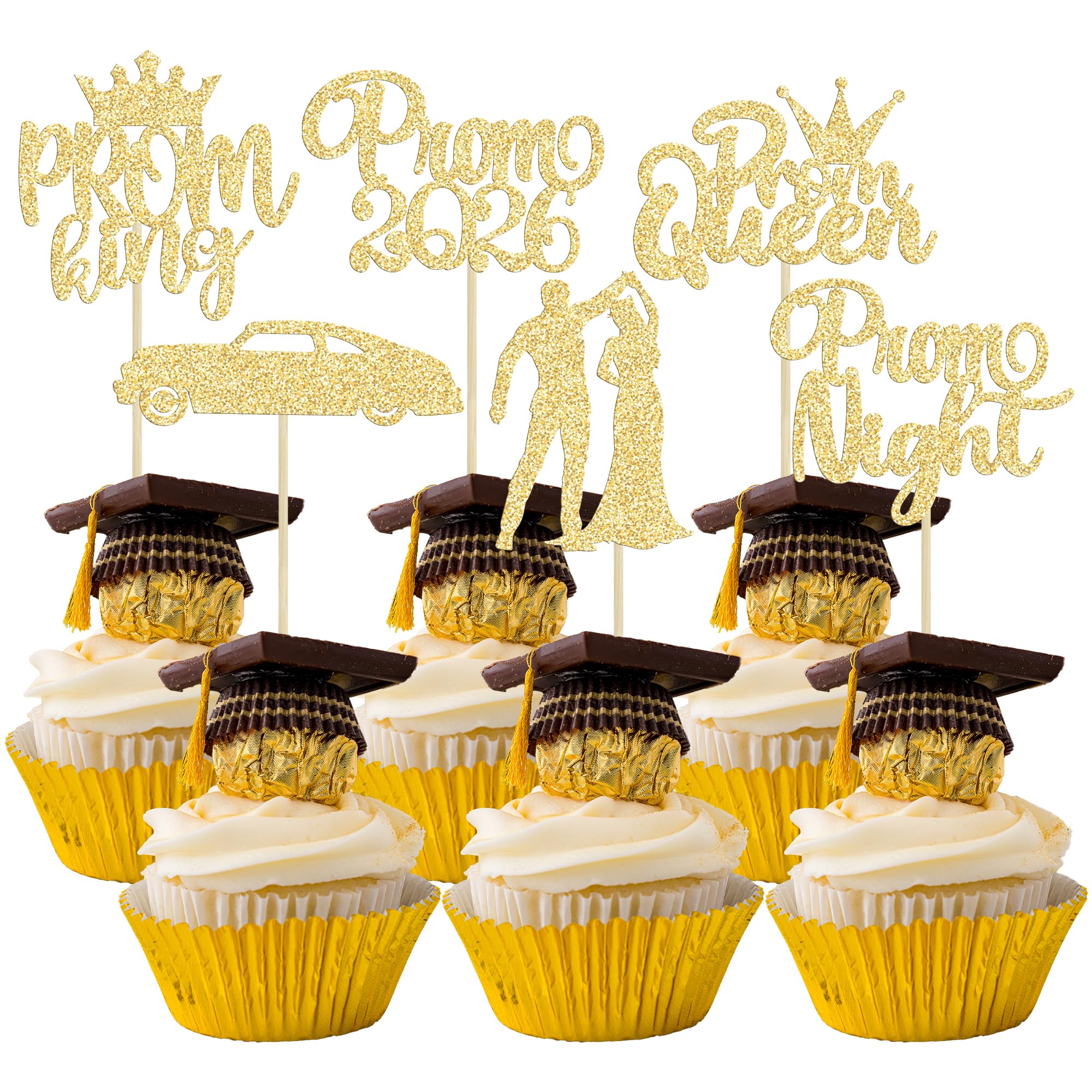 Gyufise 24Pcs Prom Cupcake Topper 2026 Prom Cake Topper for Party 2026 Graduation Cupcake Topper 2026 Graduation Party Decoration Supplies Gold