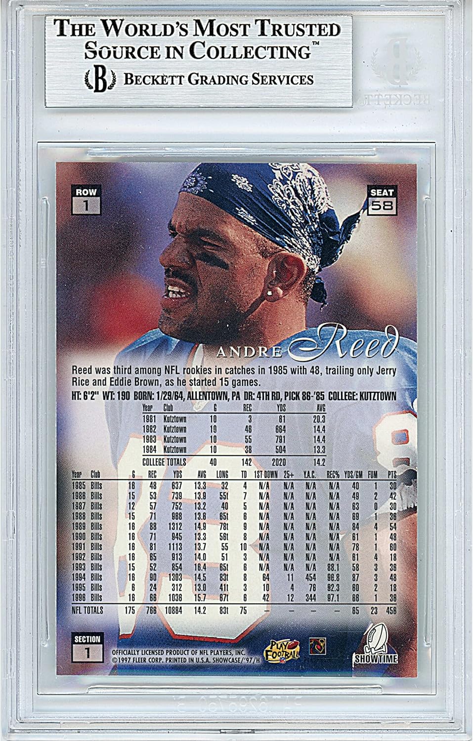 Andre Reed Autographed 1997 Fleer Flair Showcase Row One #58 Football Trading Card Slab Beckett BAS Authentic Slabbed COA Played For Buffalo Bills NFL