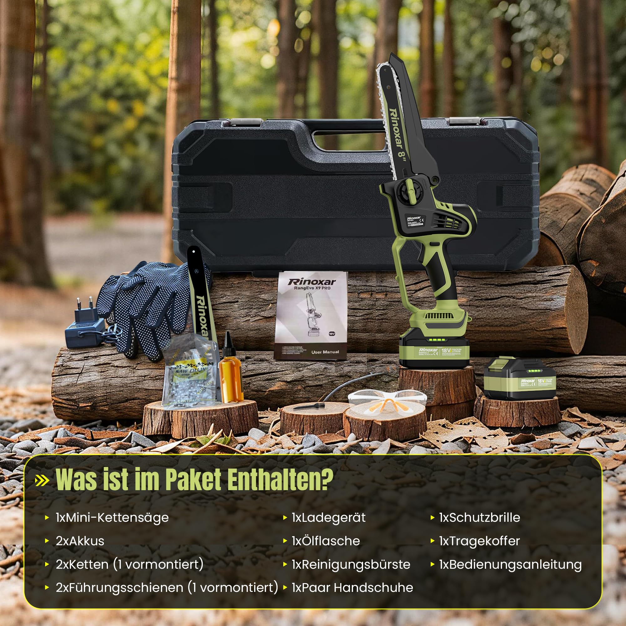 Mini Akku Kettensäge 8 Zoll, Bürstenlos Handkettensäge mit 2 * 5200mAh Akkus, Einhand Astsäge mit Automatischer Öler, Ersatzkette, Werkzeuglose Kettenspannung, Elektrisch Säge für Gartenarbeit