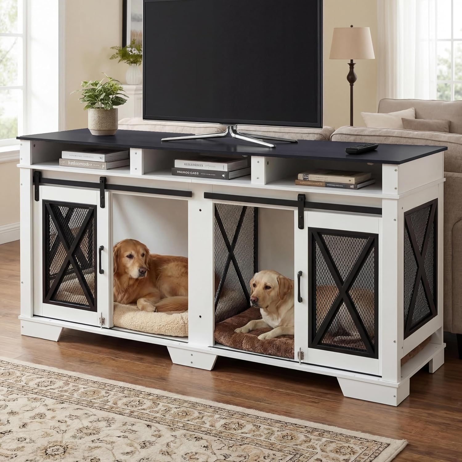 GAOMON 71" Heavy Duty Double Dog Crate with Dual Compartments, Large Metal & Wood Dog Cage with Double Doors, Extra Large Indoor Dog Kennel for Two Dogs, Durable Iron Frame Pet Crate