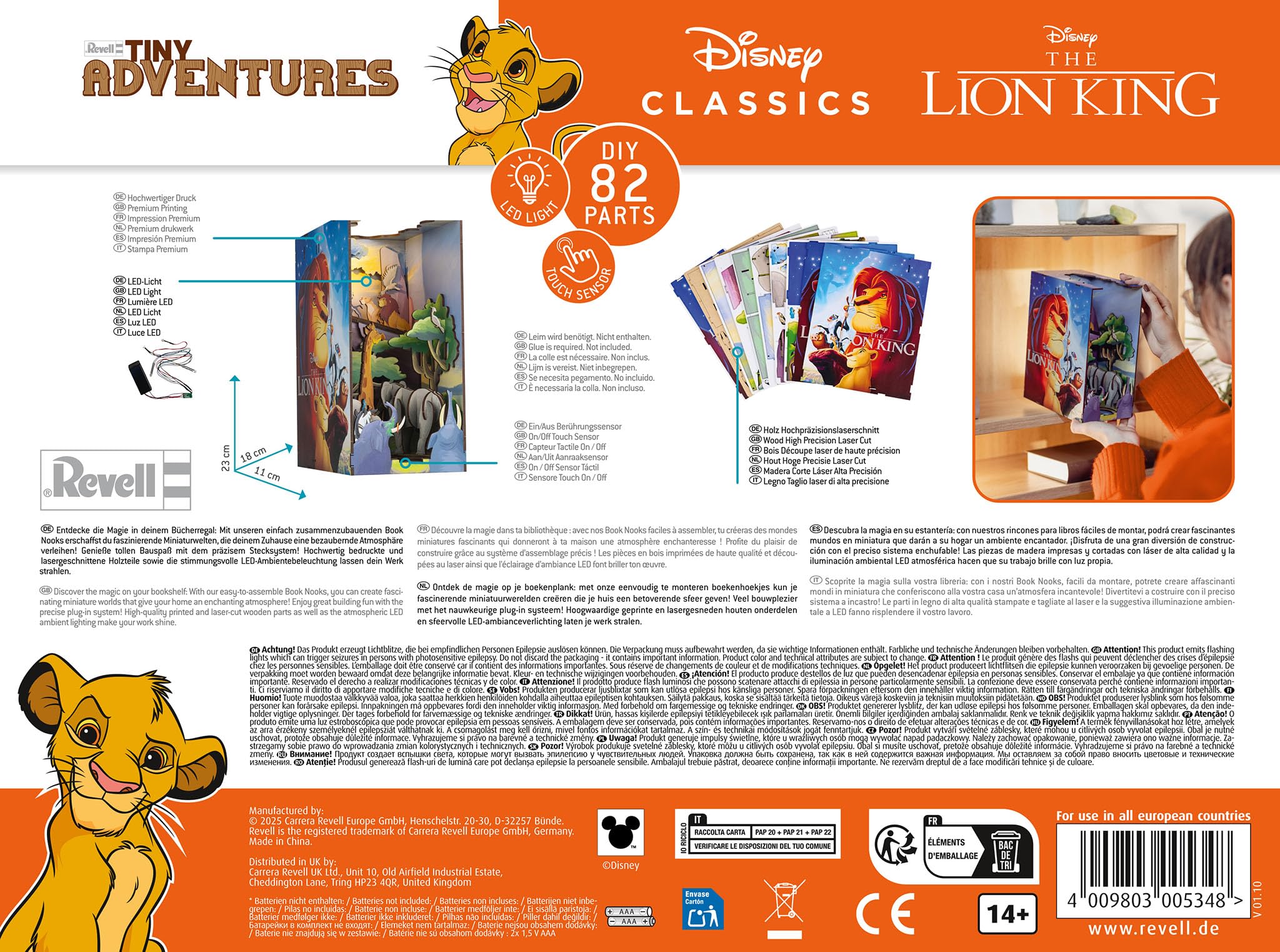 Revell Tiny Adventures podpórka do książek, Król Lew, drewniane puzzle 3D z diodami LED I Simba jako miniaturowa książka Nook do regału na książki I kreatywny prezent dla dzieci, fanów filmów i
