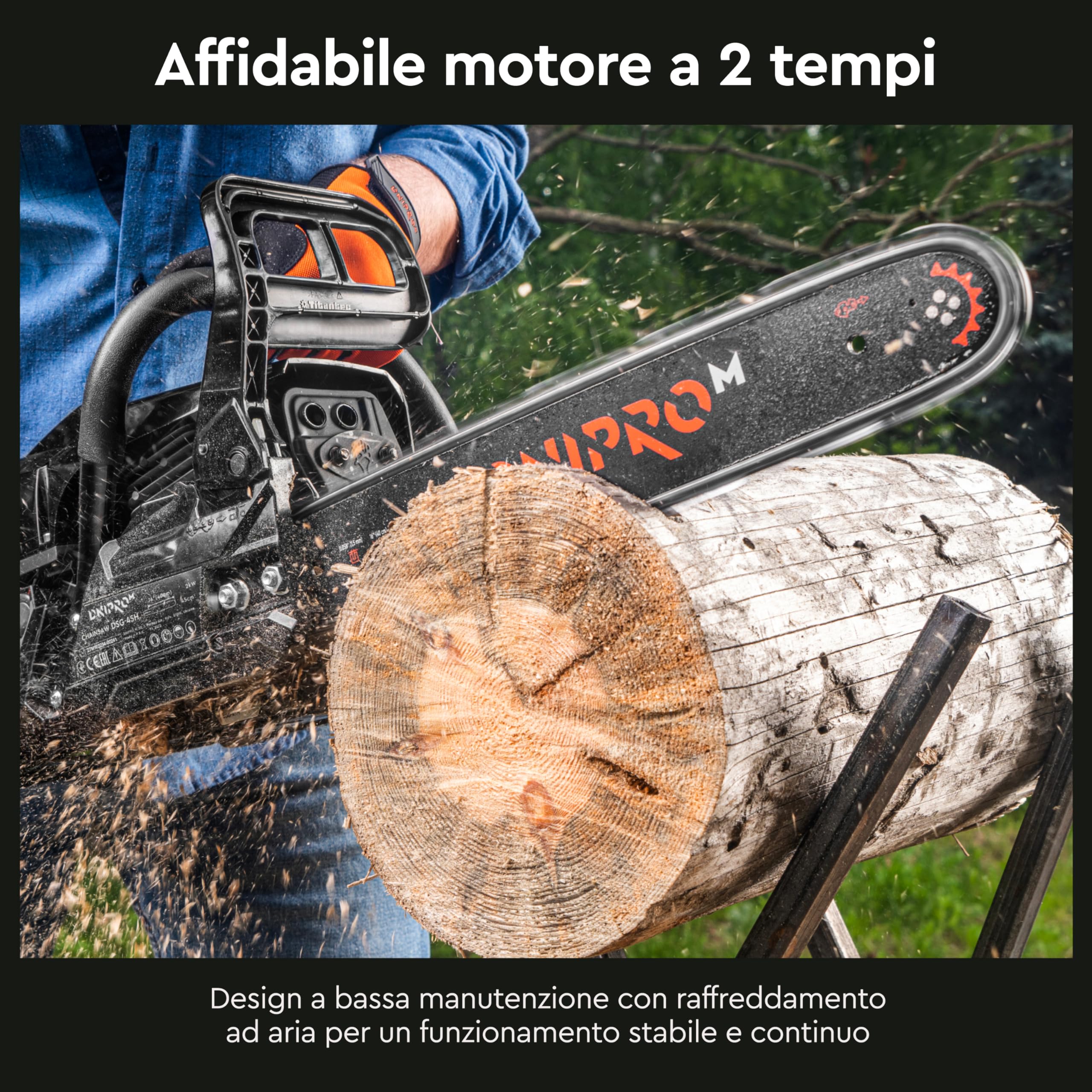 Motosega a Scoppio 45cc, Motore 2 Tempi 1.8 kW (2.4 HP), Barra Professionale 40cm (16"), Sistema Easy Start, Antivibrazione, Sega per Taglio Legna - DSG-45H