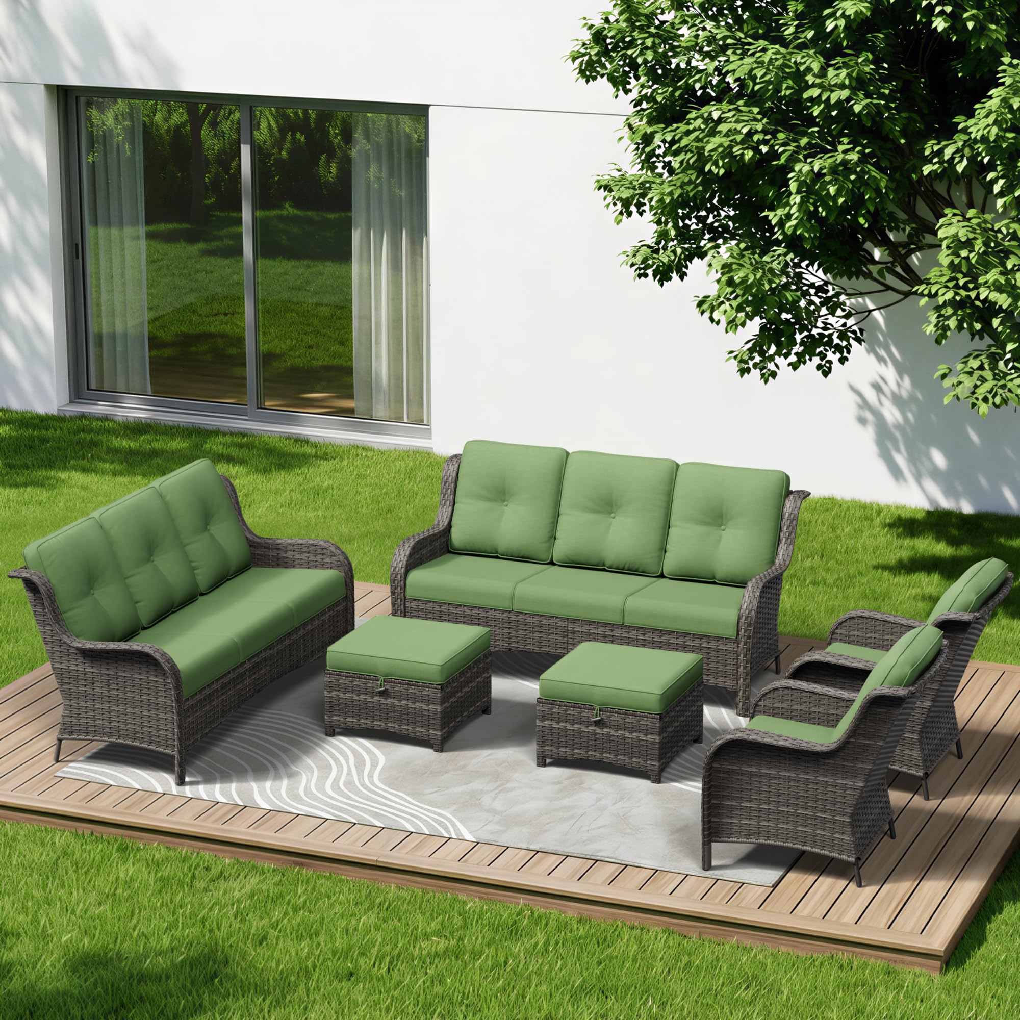 6 Piece Outdoor Wicker Patio Furniture Set, Patio Chairs Set with Thickened Olefin Cushions, High Back and Deep Seating, Hand-Woven PE Rattan, Ottoman for Porch, Deck